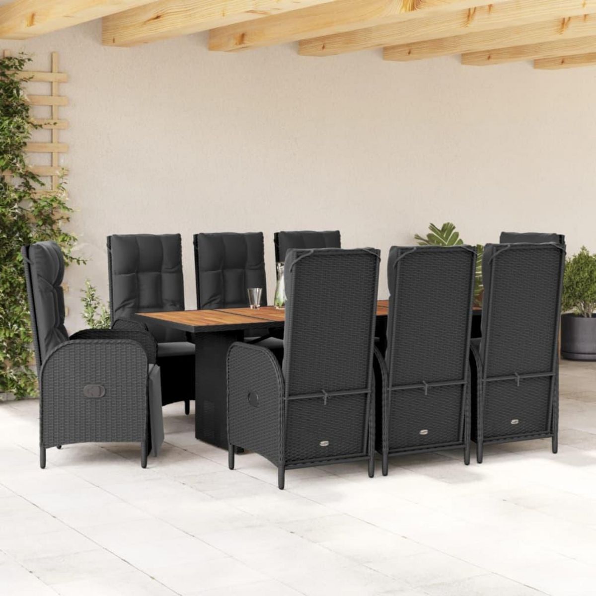VIDAXL Ensemble a manger de jardin 9pcs coussins noir resine tressee
