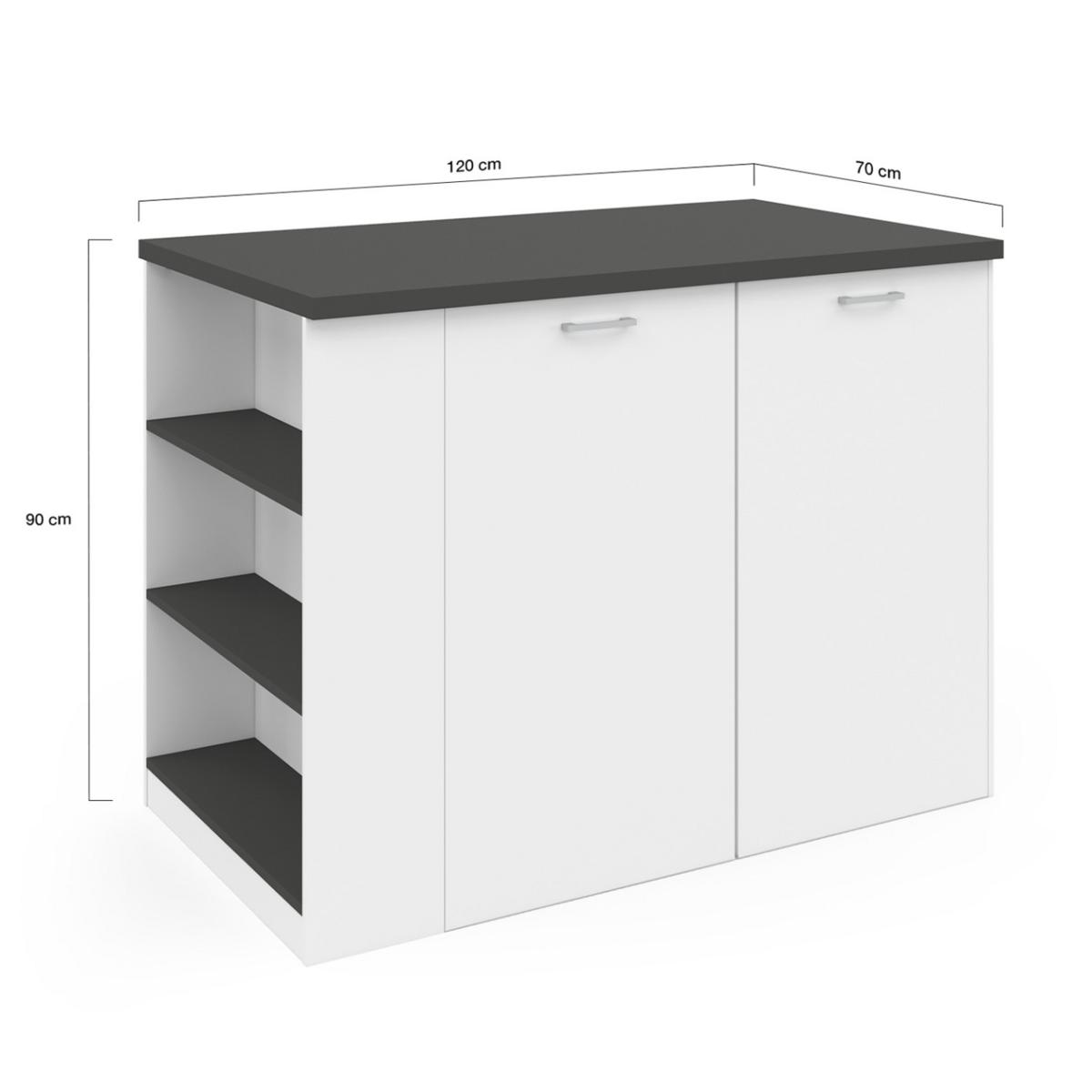 ID MARKET Ilot central TIBO 120 cm bois blanc avec plan de travail gris anthracite