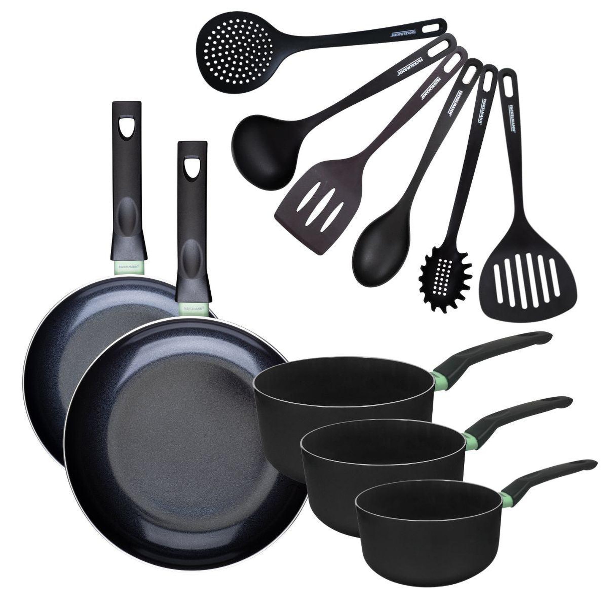 Fackelmann Set de 2 poêles 24 et 28 cm et 3 casseroles 16, 18 et 20 cm céramique et 6 ustensiles fackelmann brandao