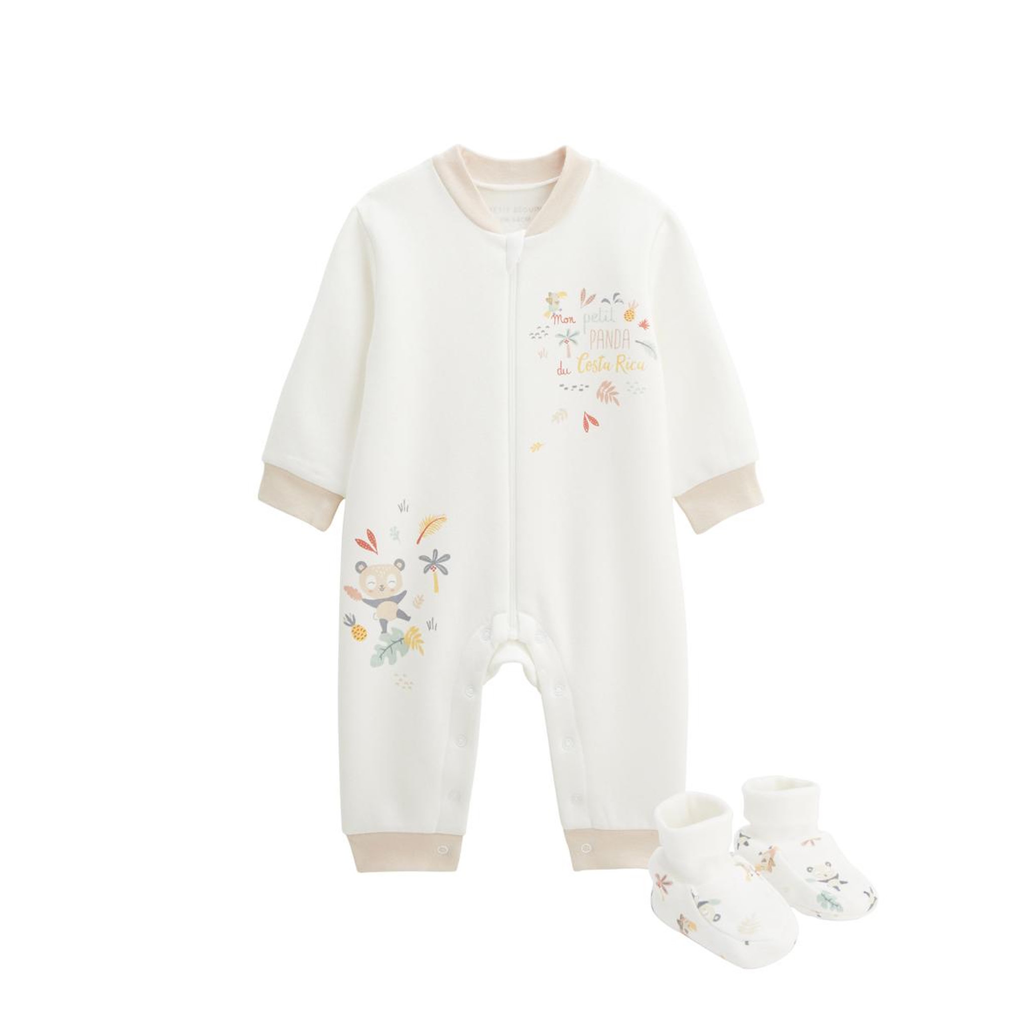 Petit Béguin Combinaison bébé en molleton et chaussons baby panda. Coloris disponibles : Beige