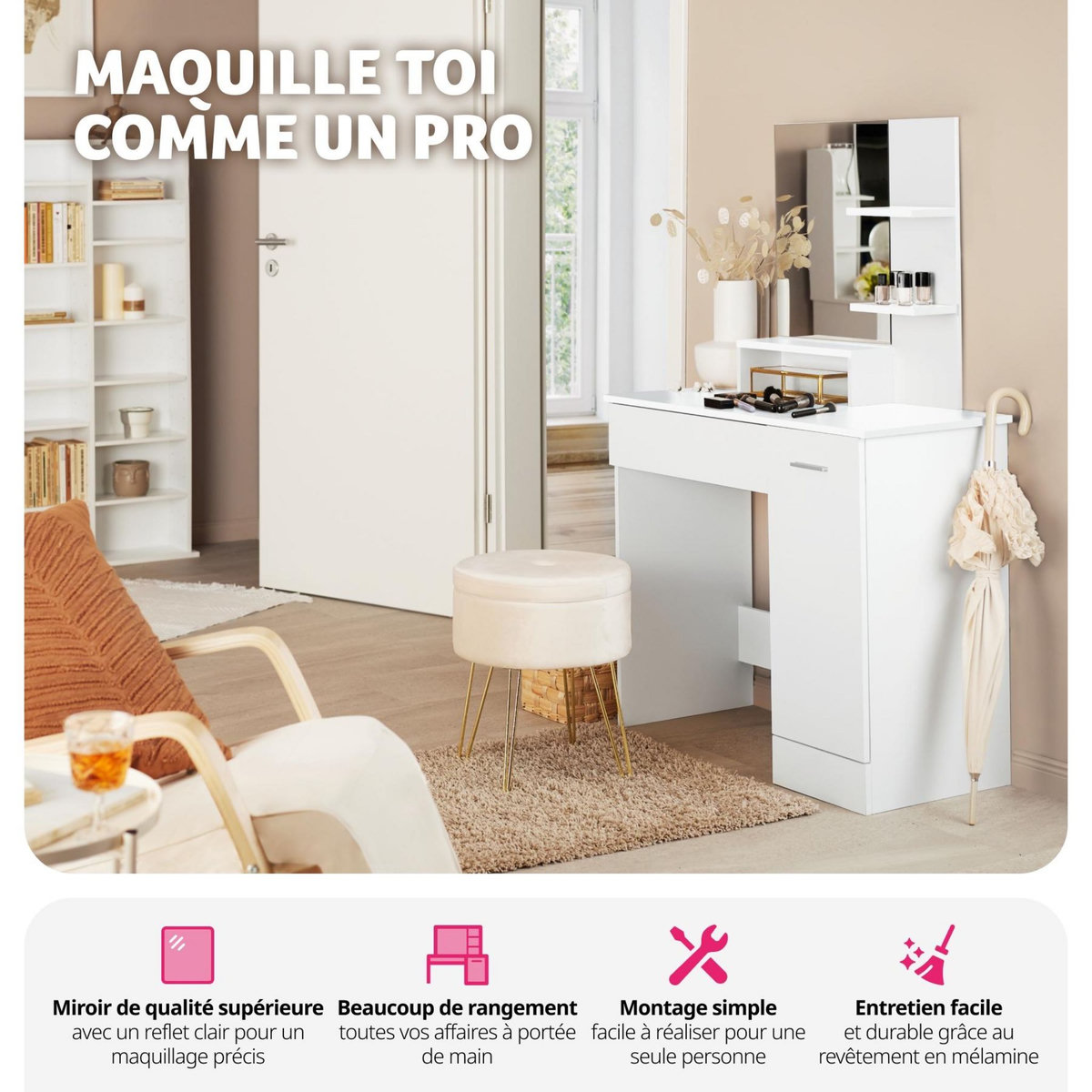 tectake Coiffeuse table de maquillage au look moderne blanc