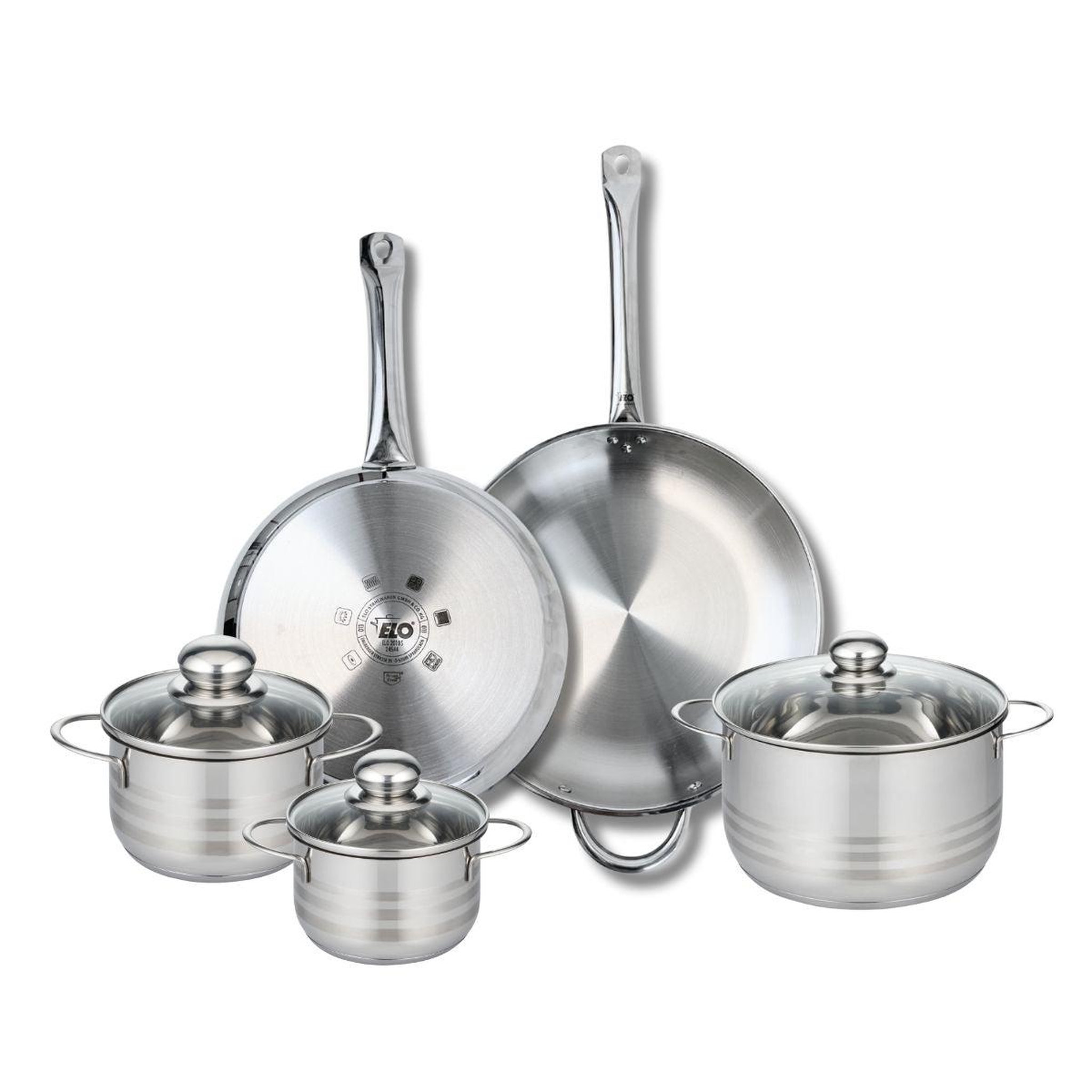 ELO Ensemble de 2 poêles de cuisson 28 et 32 cm et 3 faitouts 14, 16 et 20 cm elo profi brillant
