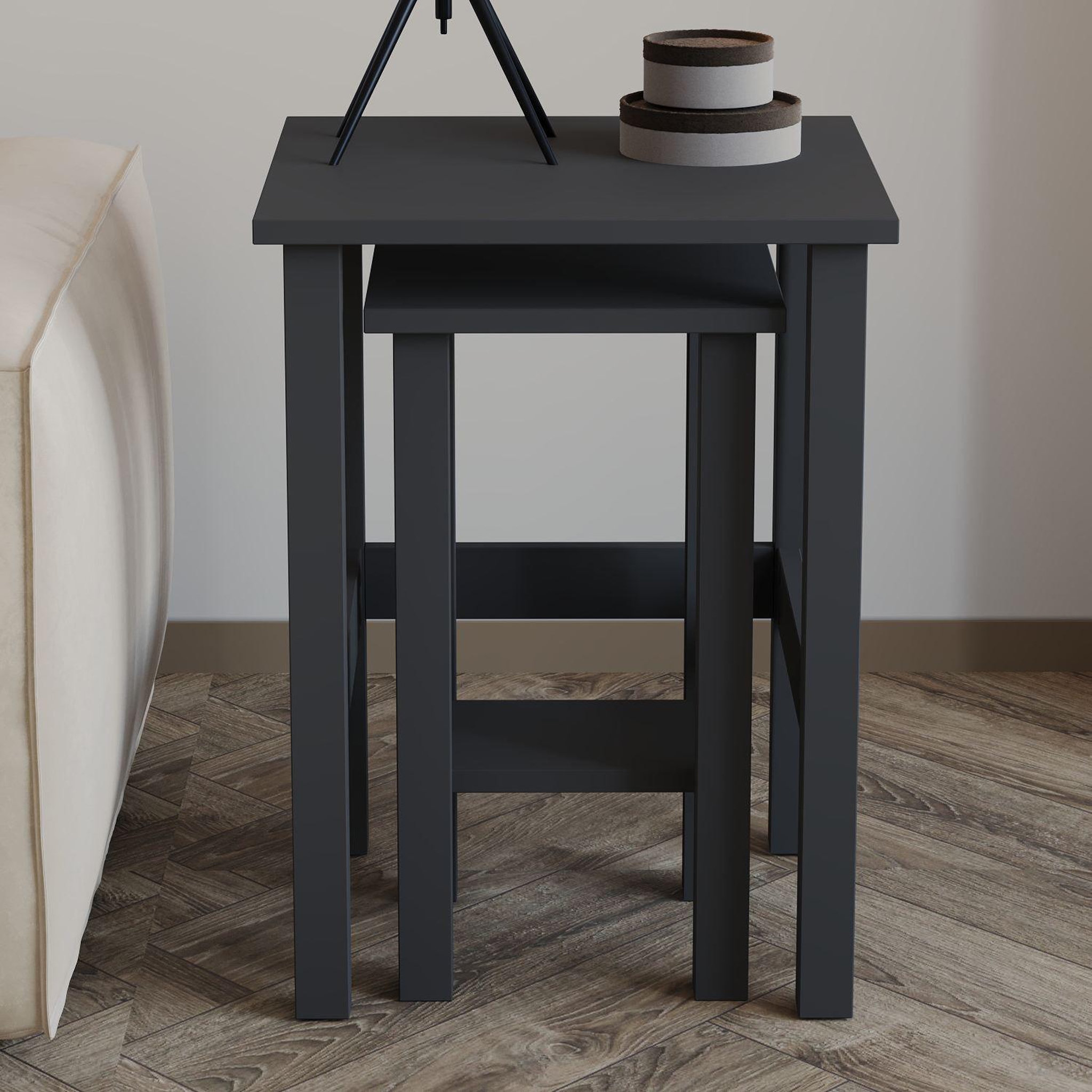 Voir la diapositive 3 : Habitat et Jardin Lot de 2 tables d'appoint en bois  gina 2  - 45 x 45 x 60 cm - gris anthracite