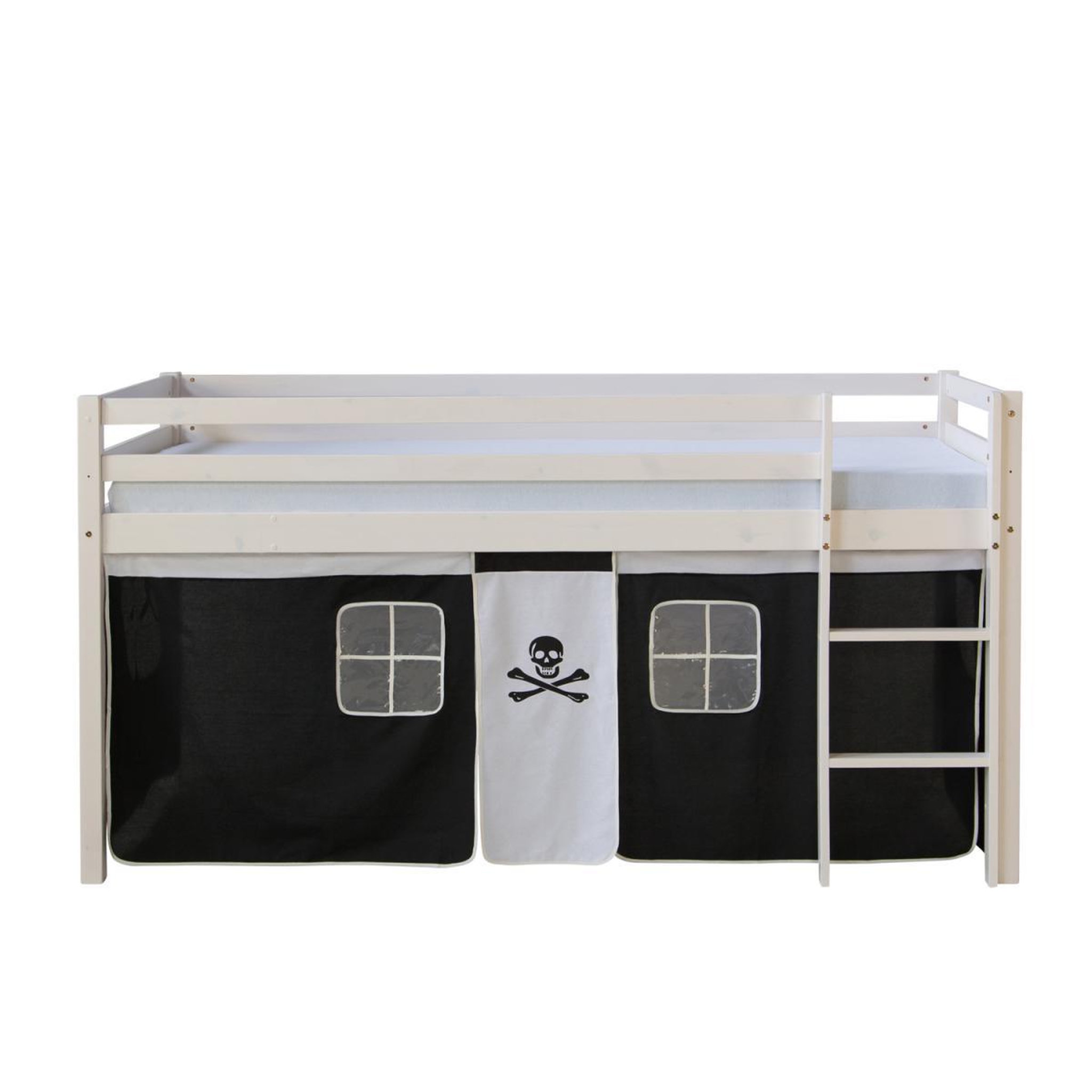 Voir la diapositive 2 : HomeStyle4U Lit mi- haut Blanc 90x200 en hauteur avec echelle et rideau Pirate