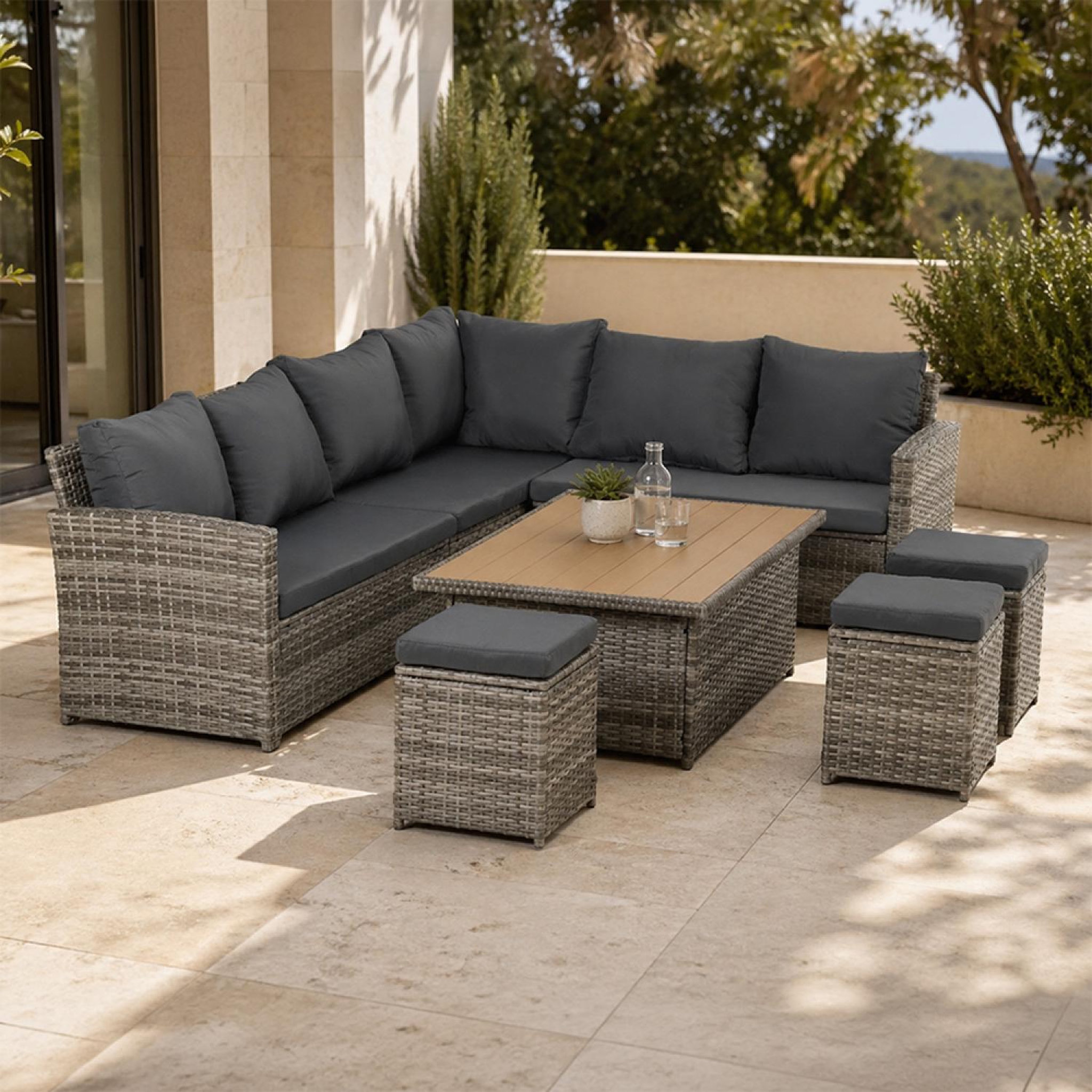 Voir la diapositive 6 : CONCEPT USINE Salon de jardin modulable 9 places en résine tressée avec table relevable effet bois sahara
