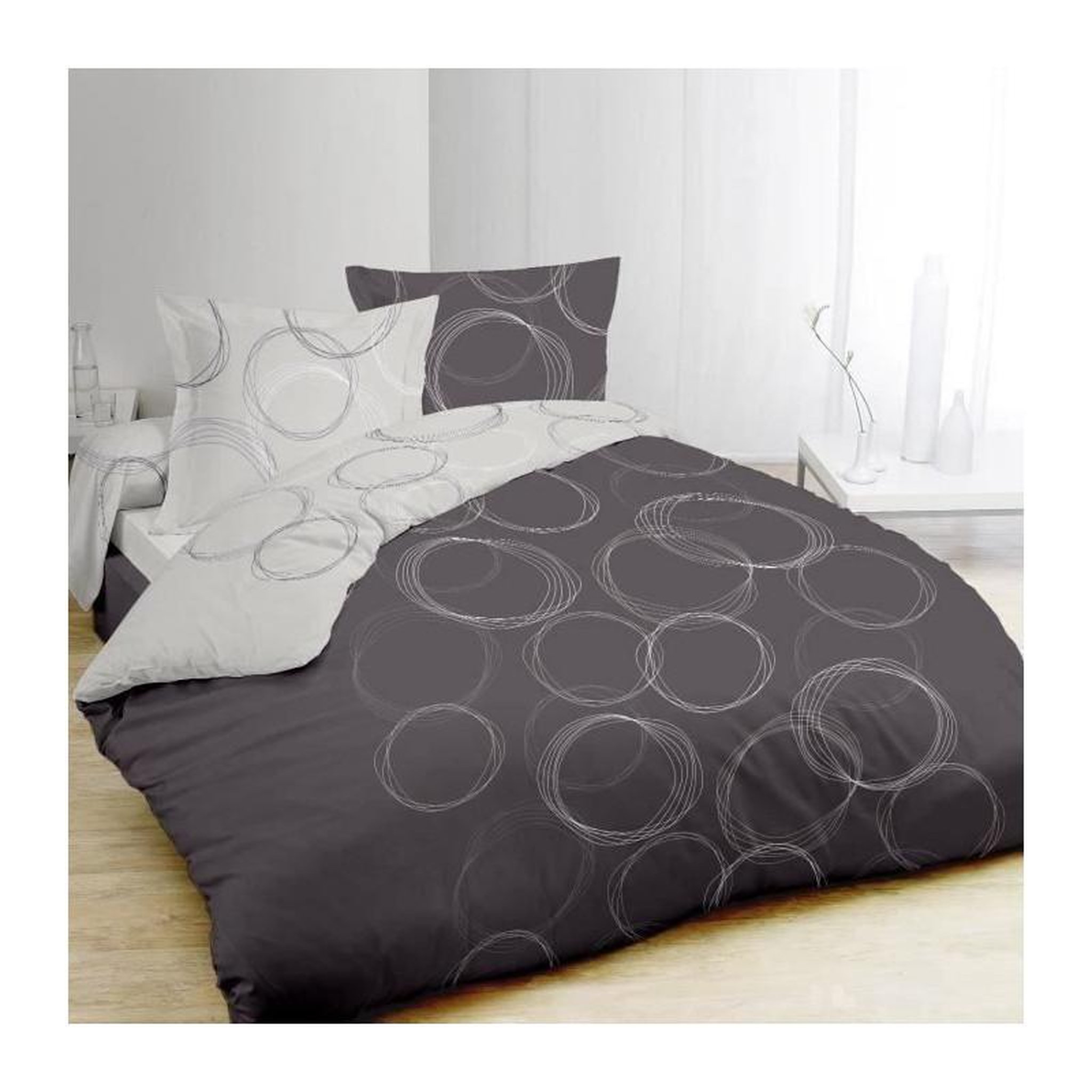 Voir la diapositive 4 : VISION VISION Parure de couette Lenny - 100% coton - 1 housse de couette 220 x 240 cm + 2 taies d'oreiller 65 x 65 cm - Gris anthracite