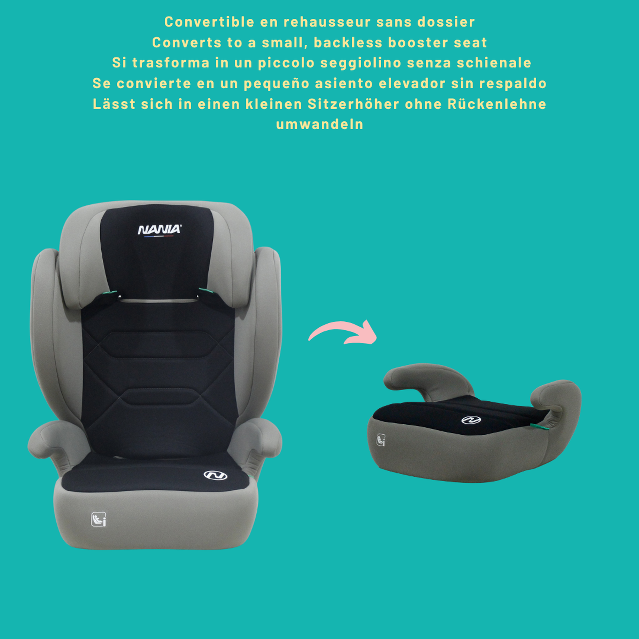 Voir la diapositive 4 : NANIA NANIA Siège auto enfant Isofix Bogota 2 EN 1 I-size 100-150 cm-Groupe 2/3- environ 4-12 ans -Rehausseur siège auto enfant avec Protection Latérale - Appui-tête Réglable- Fixation Isofix ou ceinture
