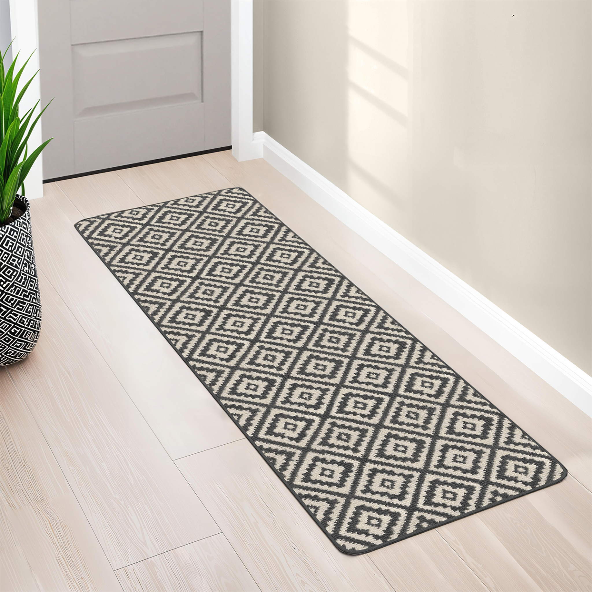 Voir la diapositive 2 : ID MARKET Tapis intérieur d'entrée et de couloir caraiba gris et blanc 60 x 180 cm