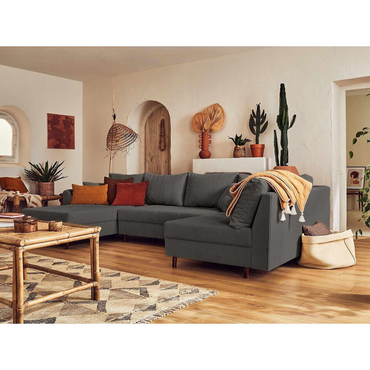 LISA DESIGN Rune - canapé panoramique d'angle droit - 7 places - en velours côtelé