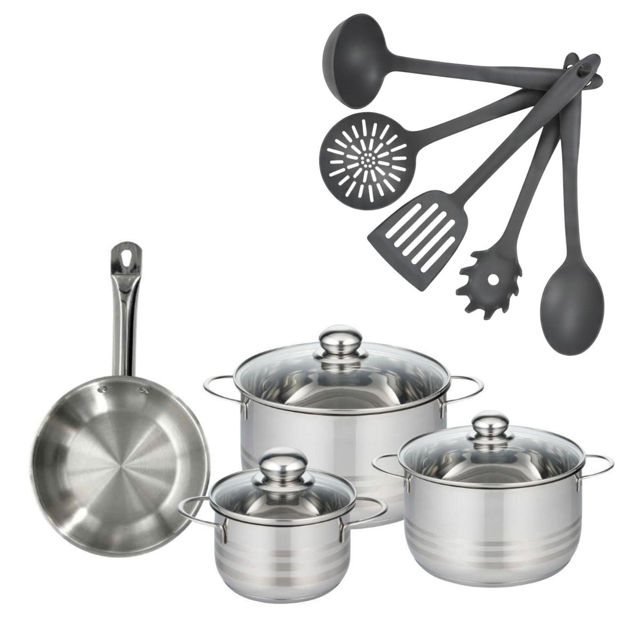 Fackelmann Batterie de cuisine avec 3 faitouts 16/20/24 cm et 1 poêle 20 cm avec 5 ustensiles de cuisine fackelmann etherna brillant clip