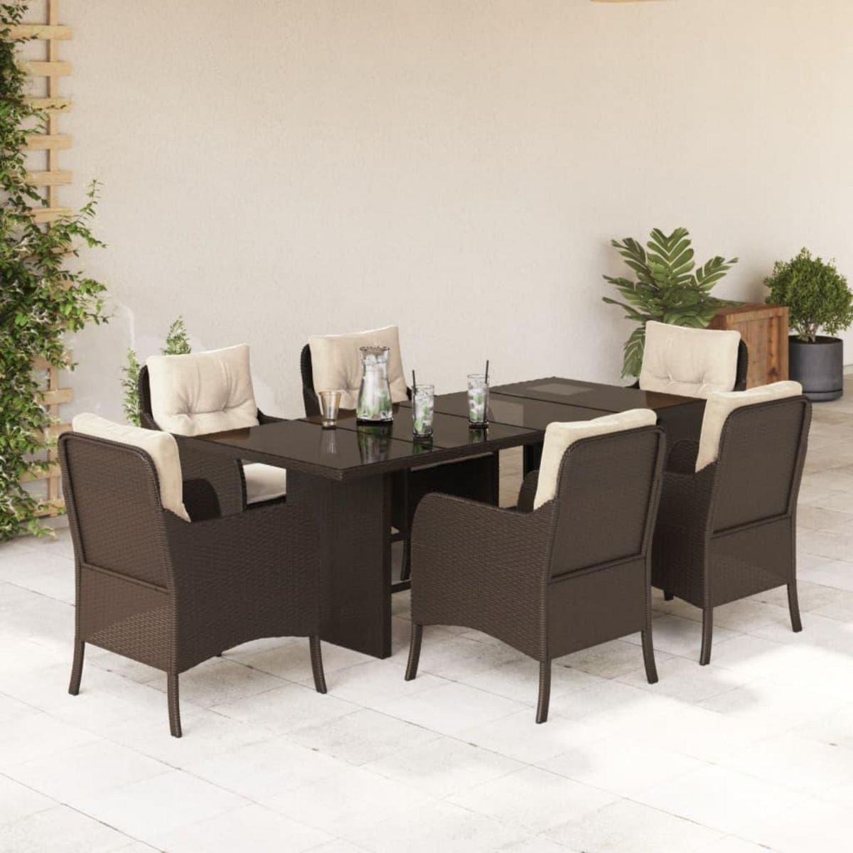VIDAXL Ensemble a manger de jardin et coussins 7 pcs marron rotin
