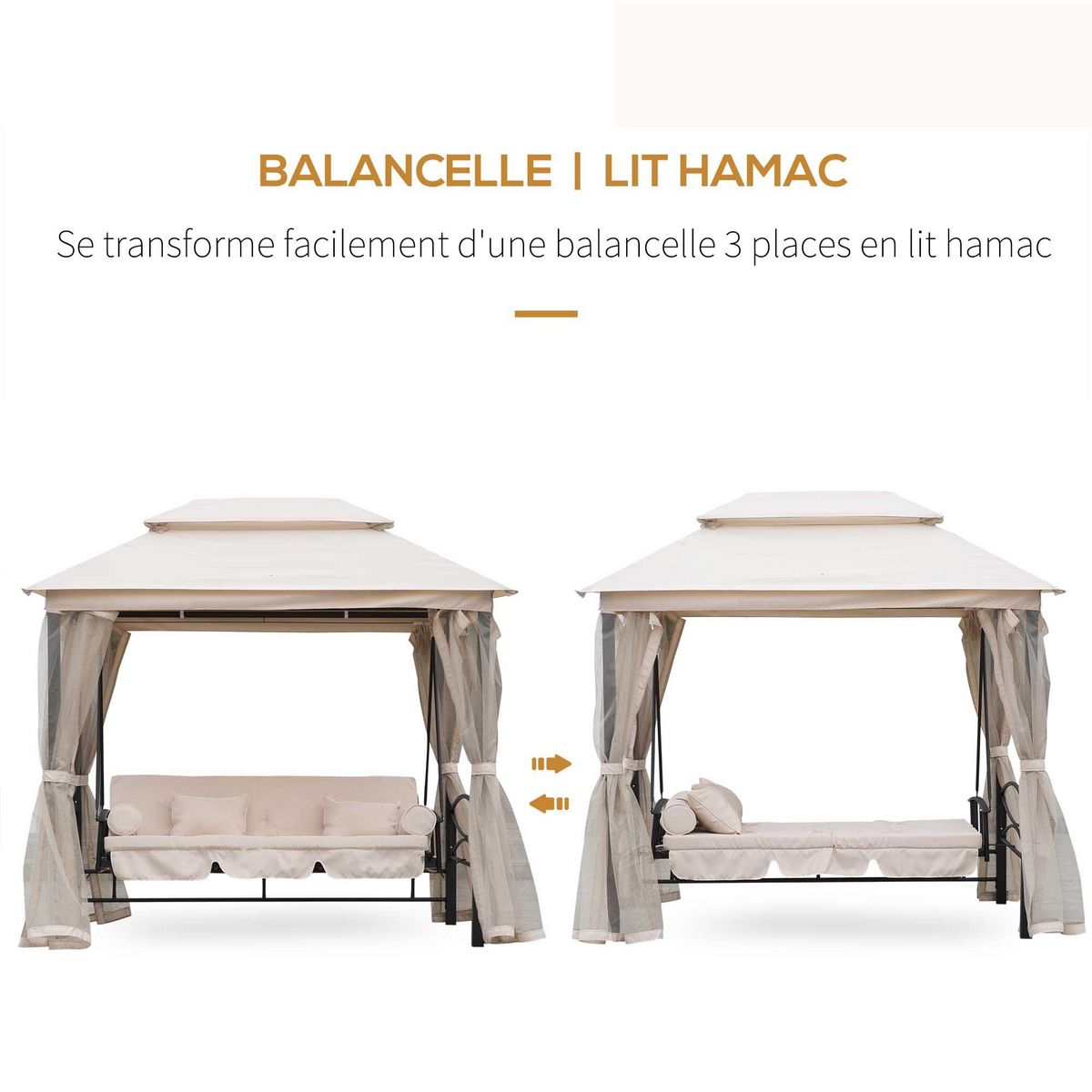 OUTSUNNY Balancelle de jardin 3 places convertible style colonial grand confort 2 coussins + matelas + moustiquaires inclus noir beige