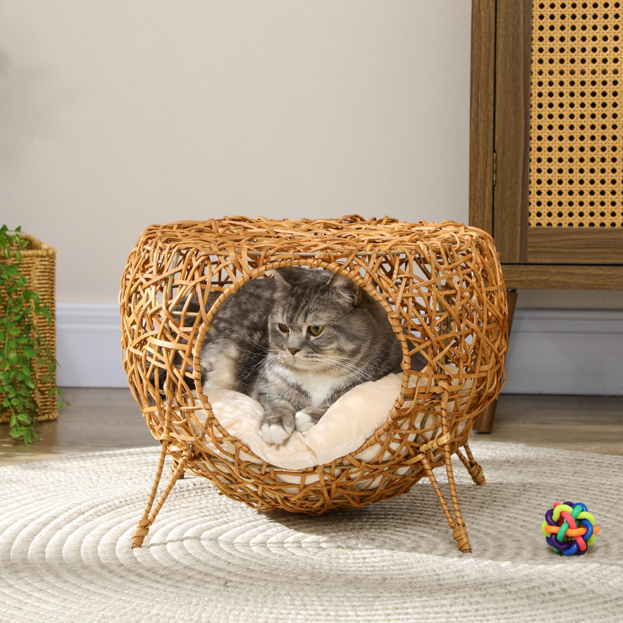 Voir la diapositive 2 : PAWHUT Panier chat lit chat cosy grand confort dim. Ø 40 x 32h cm coussin moelleux inclus polyester beige rotin