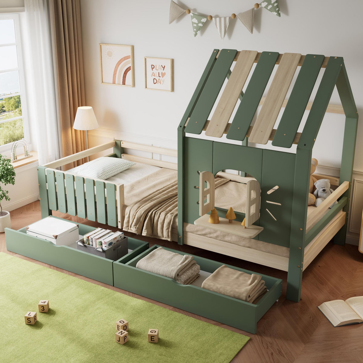 MERAX Lit avec rangement 90x200cm pin coloris vert