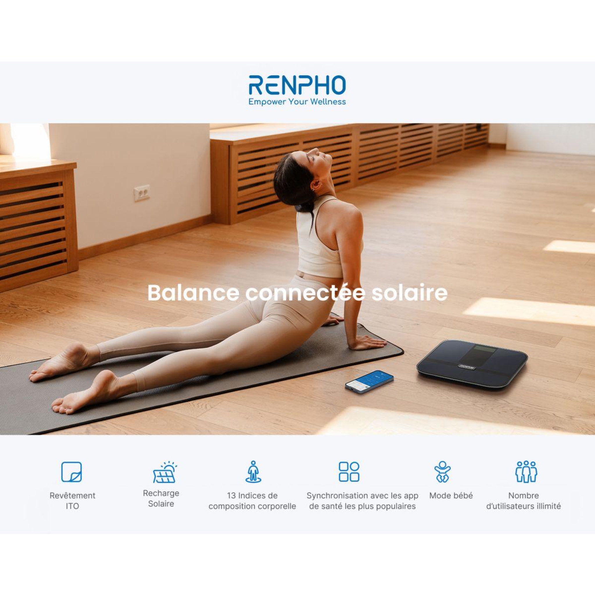 Voir la diapositive 3 : RENPHO Pèse personne connecté Elis Solar 2 A020 connecté, impédancemètre, 13 mesures corporelles - Recharge solaire