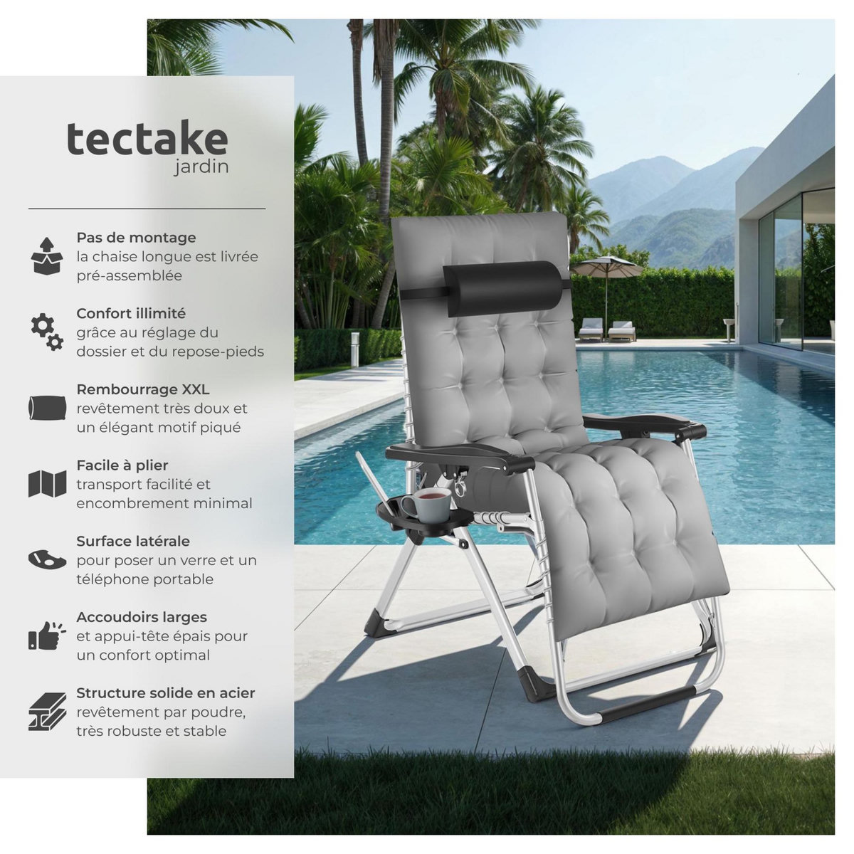 tectake Chaises longues pliable gris clair Set de 2