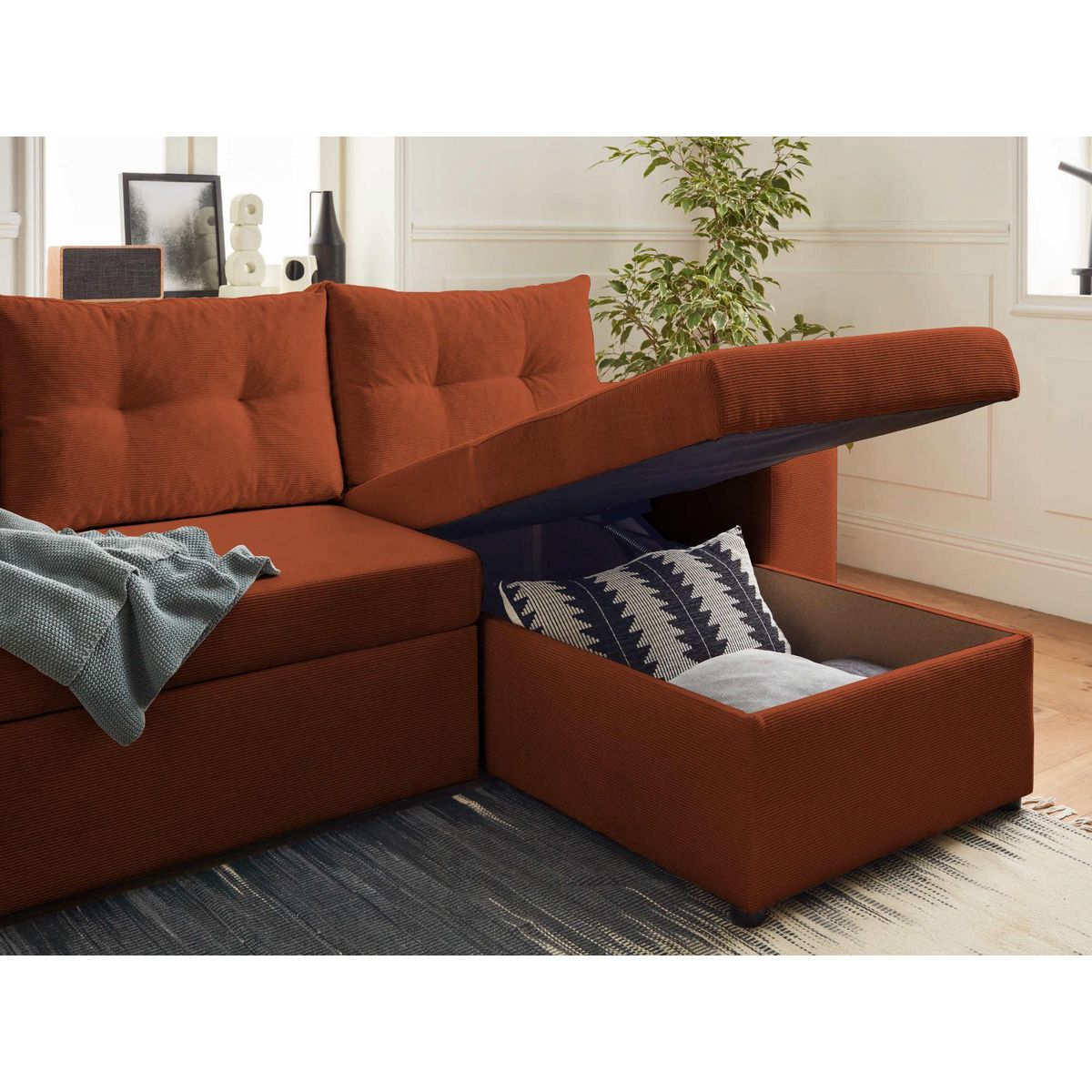 BEST MOBILIER California - canapé d'angle réversible convertible - avec coffre, tablette et poufs - en velours côtelé - 4 places