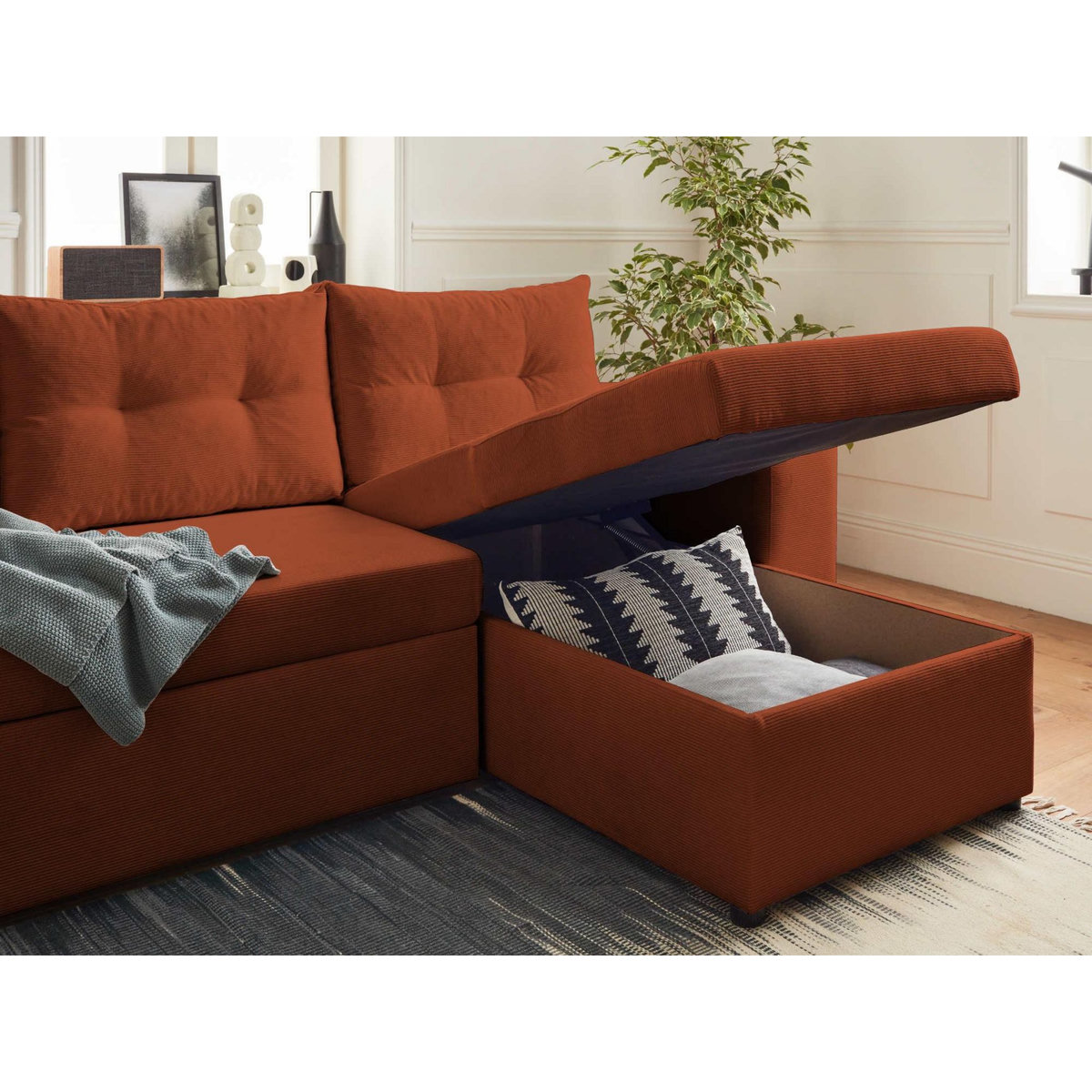 BEST MOBILIER California - canapé d'angle réversible convertible - avec coffre, tablette et poufs - en velours côtelé - 4 places