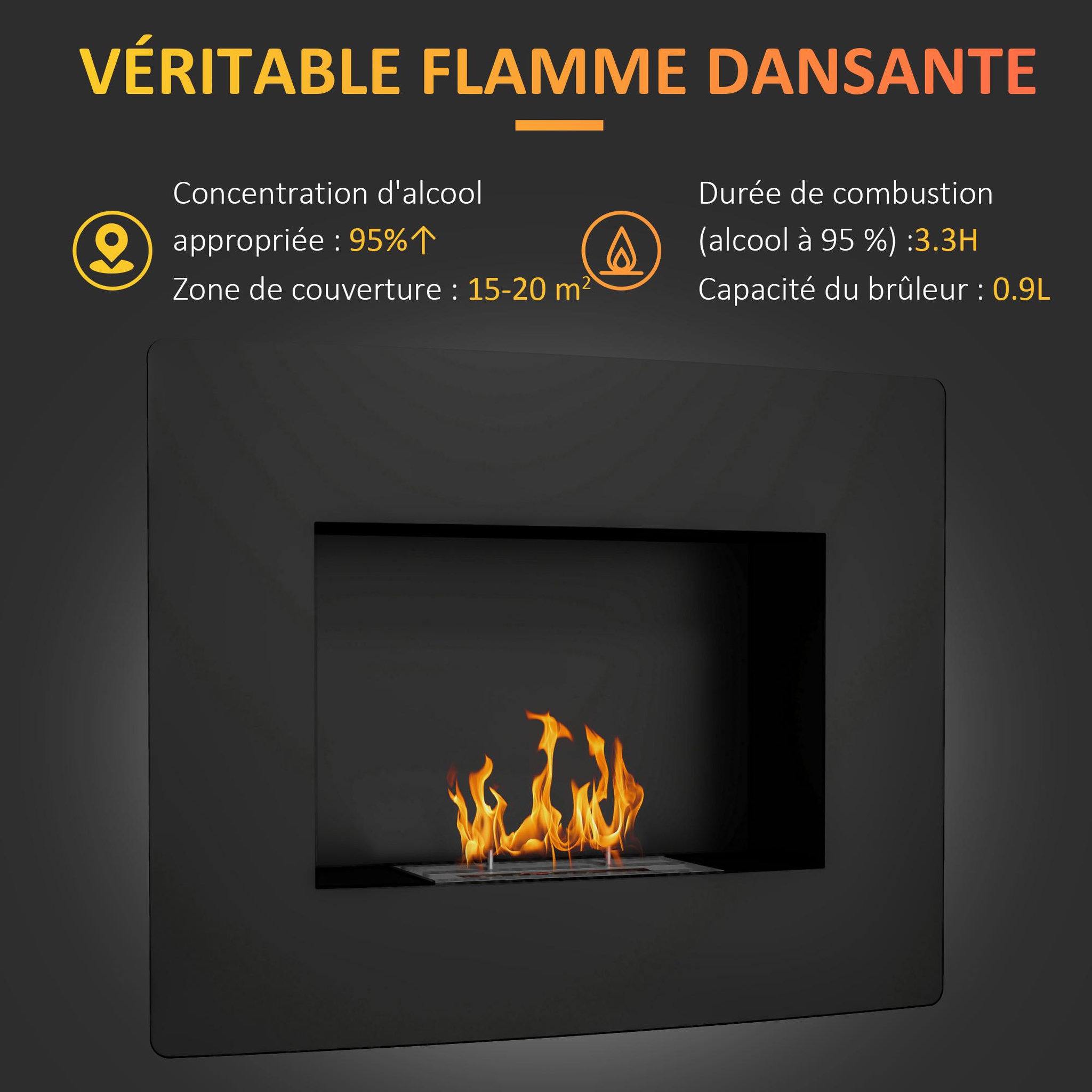 Voir la diapositive 5 : HOMCOM Cheminée bioéthanol encastrable design - 0,9L - 66 x 16 x 52 cm - acier inox. noir
