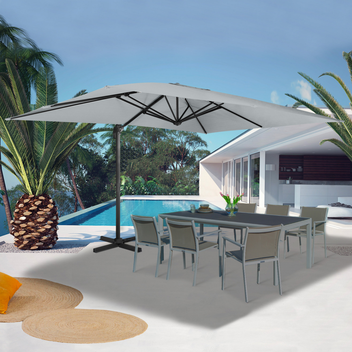 ID MARKET Parasol déporté inclinable rotatif 360 CALVI gris clair 3x4 M avec housse