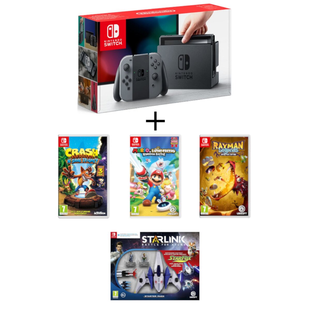 Console Nintendo Switch Joy-Con Gris + Crash Bandicoot N.Sane Trilogy + Starlink Starter Pack + Mario Lapins Crétins Kingdom Battle + Rayman Legends