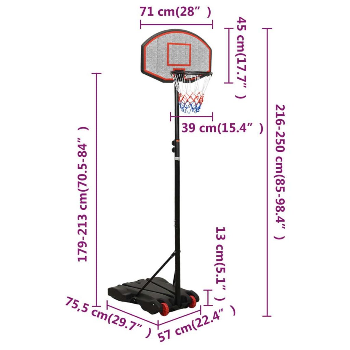 VIDAXL Support de basket-ball Noir 216-250 cm Polyethylene
