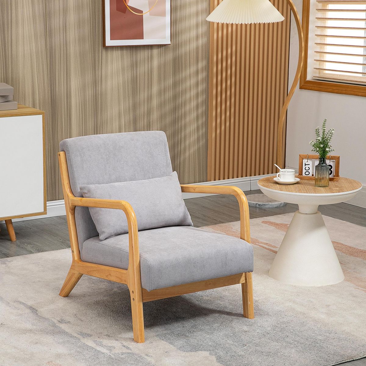 HOMCOM Fauteuil lounge - 3 coussins inclus - assise profonde - accoudoirs - structure bois hévéa - aspect velours gris