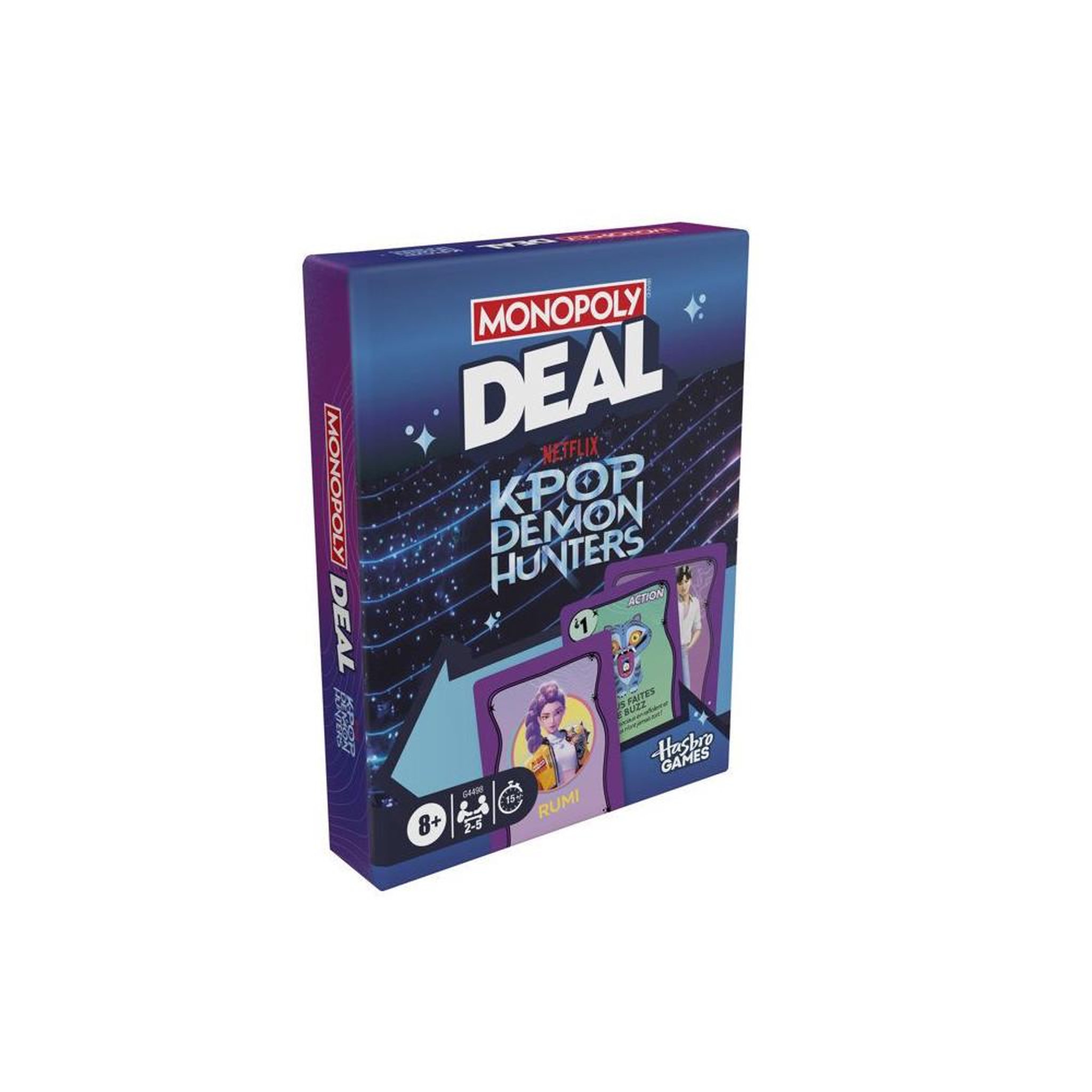 Voir la diapositive 4 : MONOPOLY Jeu de cartes monopoly deal kpop demon hunters, 110 cartes, 2 à 5 joueurs, dès 8 ans, 15 min, multi-couleur, boîte