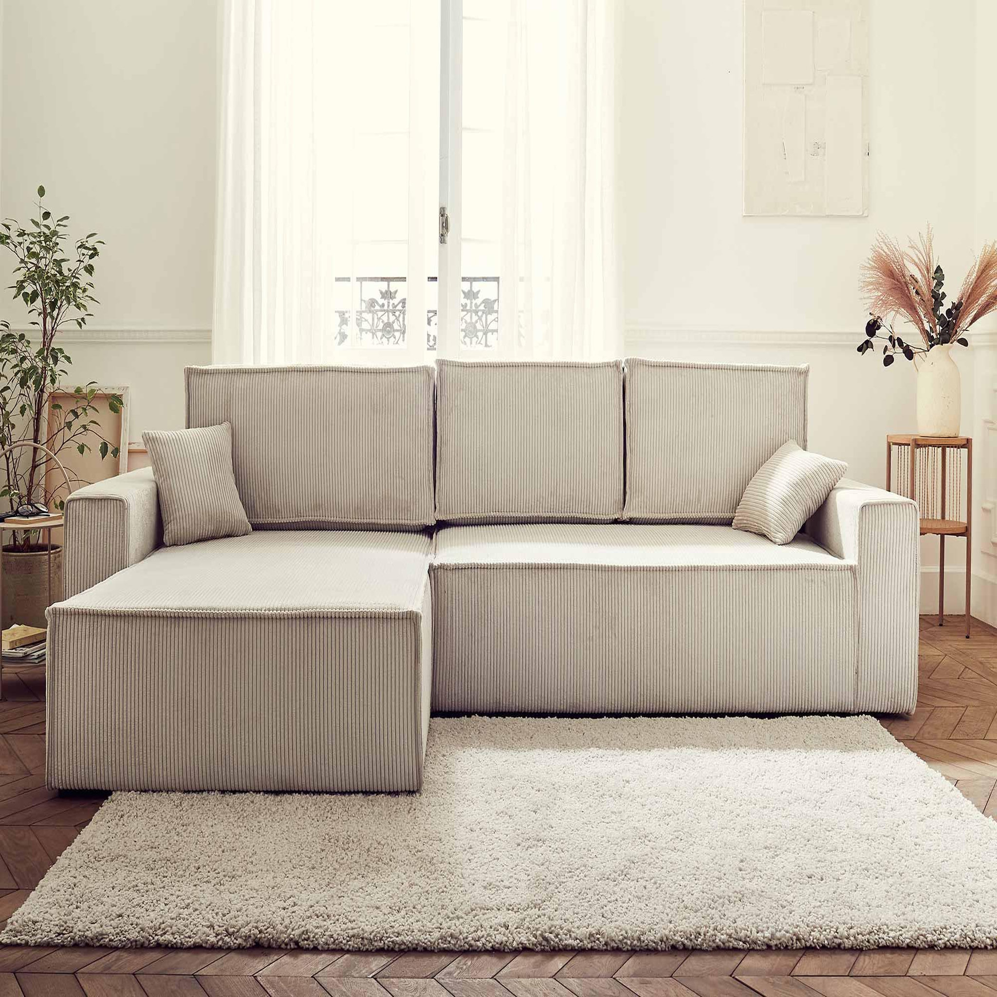 BEST MOBILIER Dellia - canapé d'angle réversible convertible - avec coffre - en velours côtelé - 4 places. Coloris disponibles : Gris, Vert, Marron, Jaune, Orange, Beige, Bleu