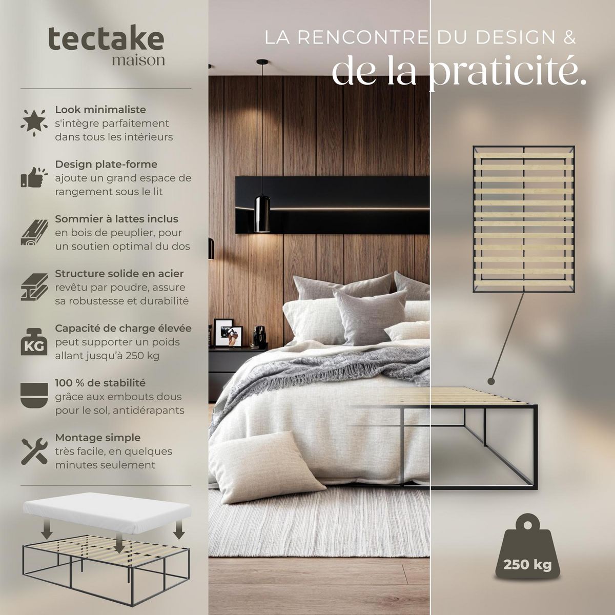 tectake Cadre de lit structure en acier robuste noir 140 x 200 x 46,5 cm