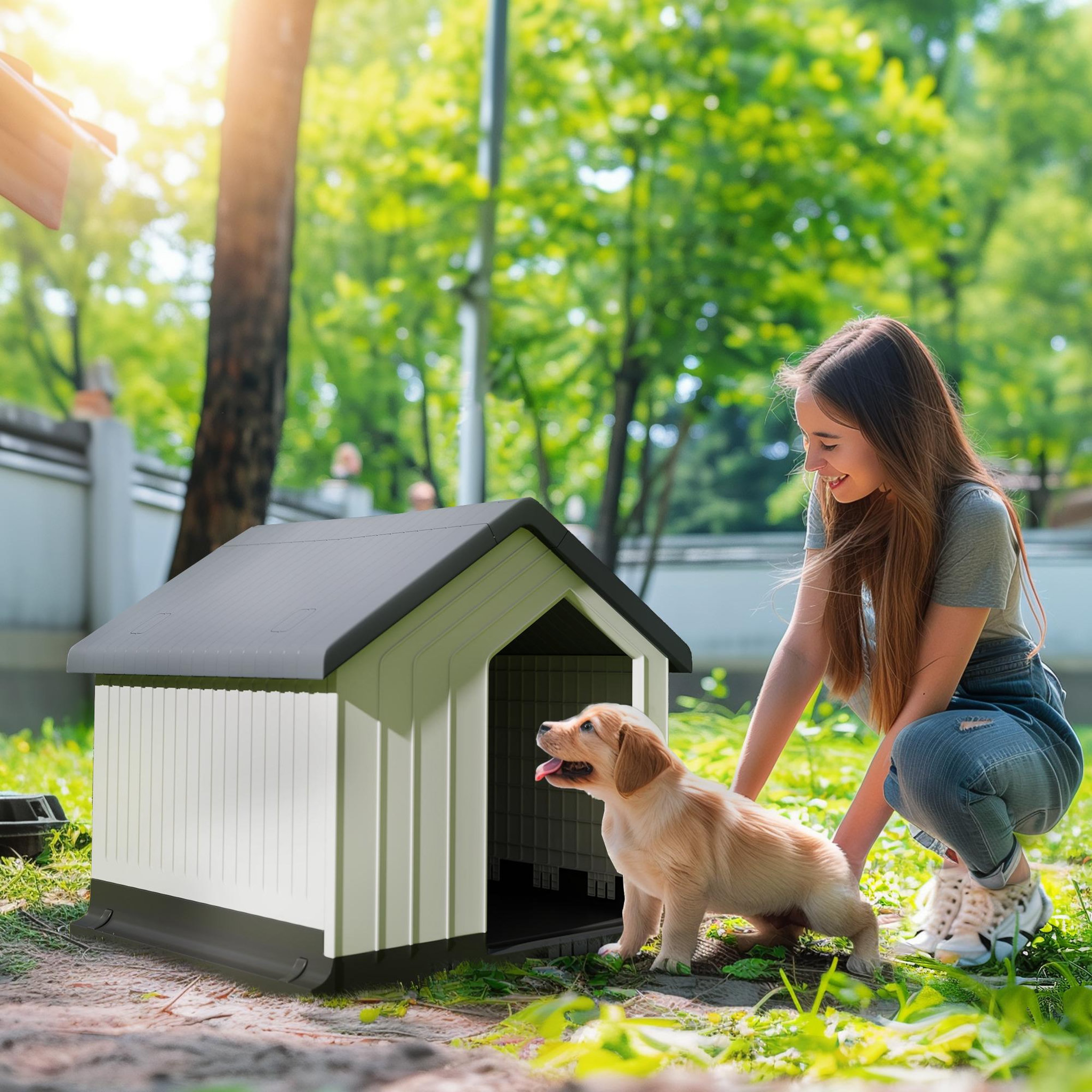 Voir la diapositive 2 : PAWHUT Niche chien extérieure - maison chien - niche plastique - grille d'aération - dim. 62L x 61l x 60H cm - blanc gris noir