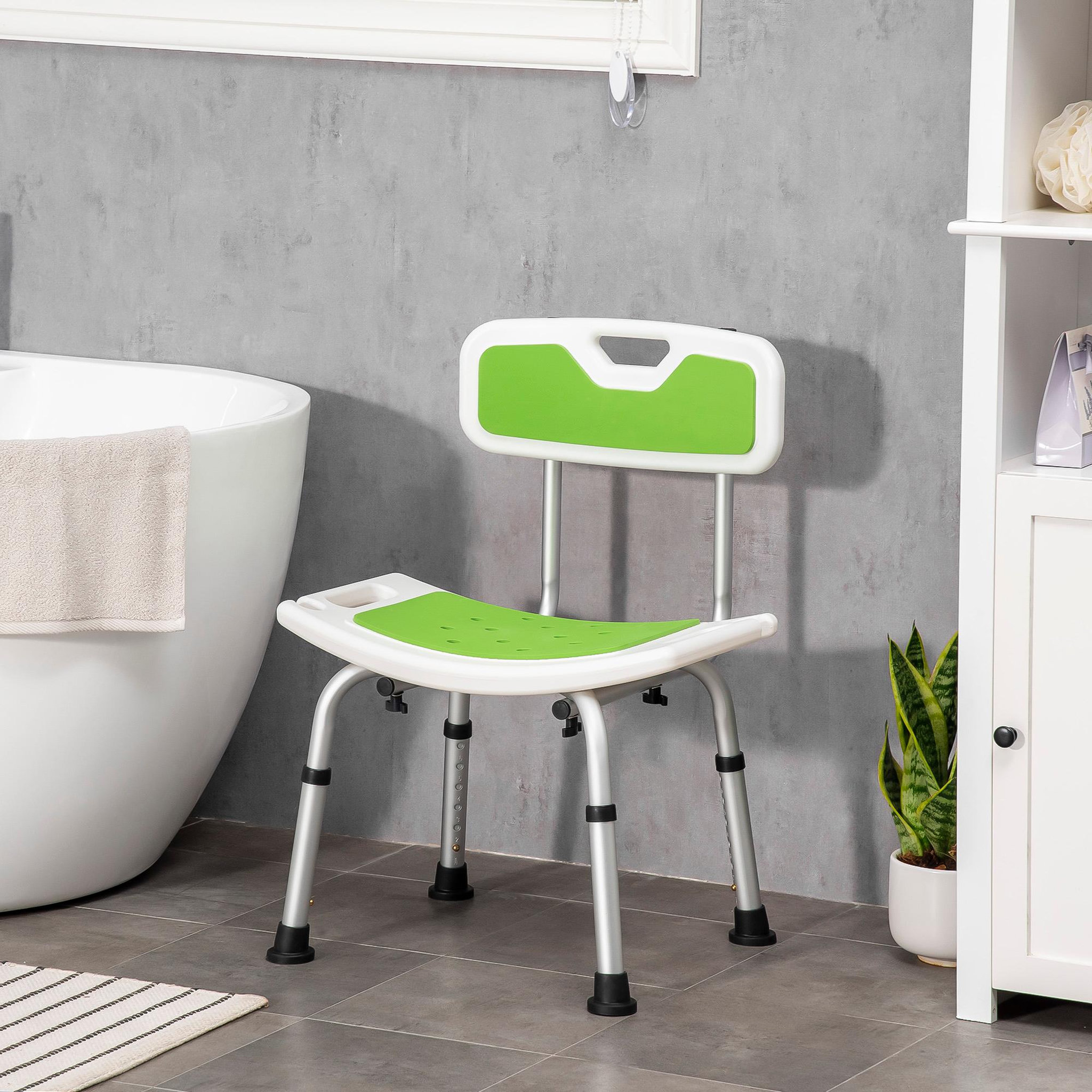 Voir la diapositive 2 : HOMCOM Chaise de douche siège de douche ergonomique hauteur réglable pieds antidérapants charge max. 136 kg alu hdpe vert