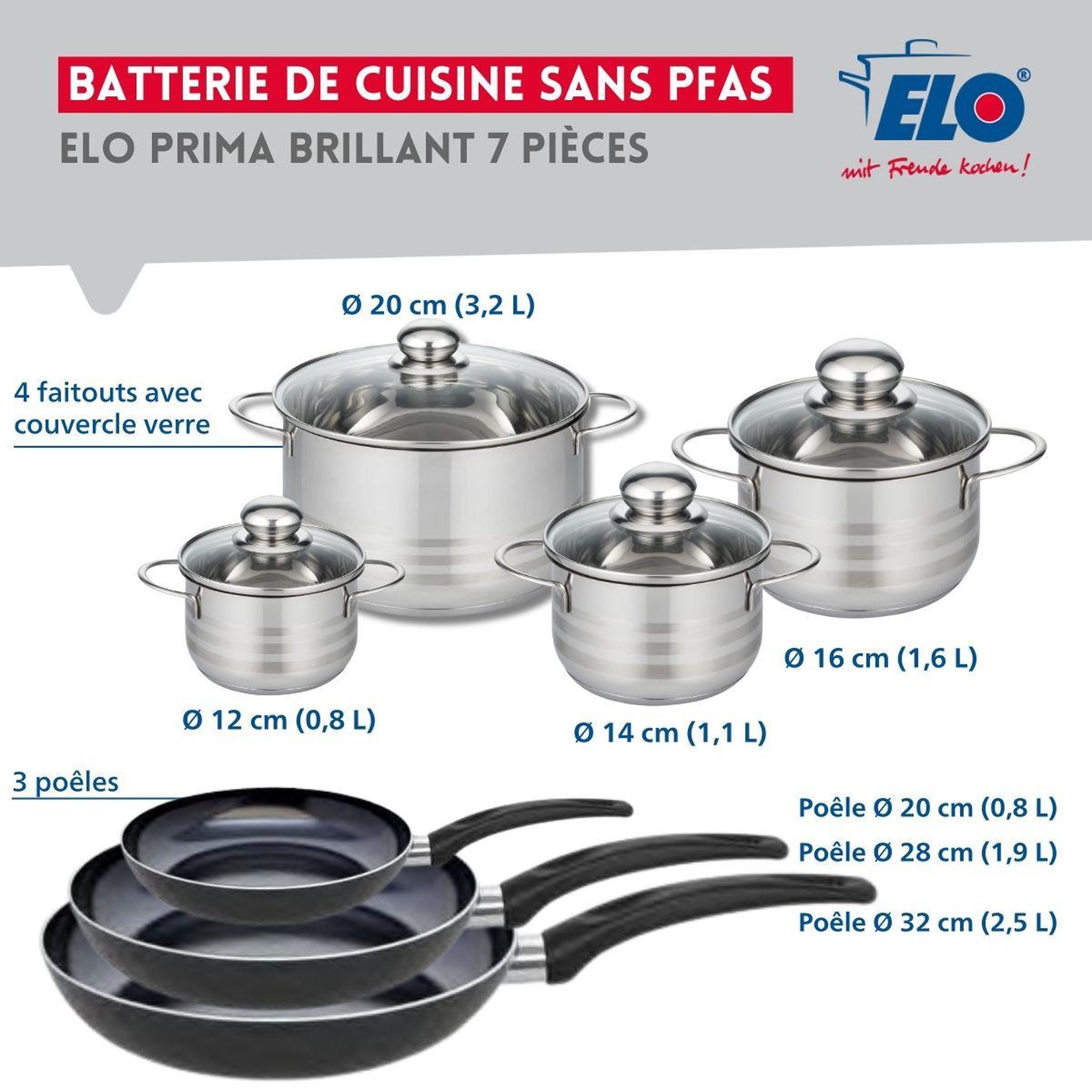 Voir la diapositive 2 : ELO Ensemble de 3 poêles de cuisson 20, 28 et 32 cm et 4 faitouts 12, 14, 16 et 20 cm elo prima brillant