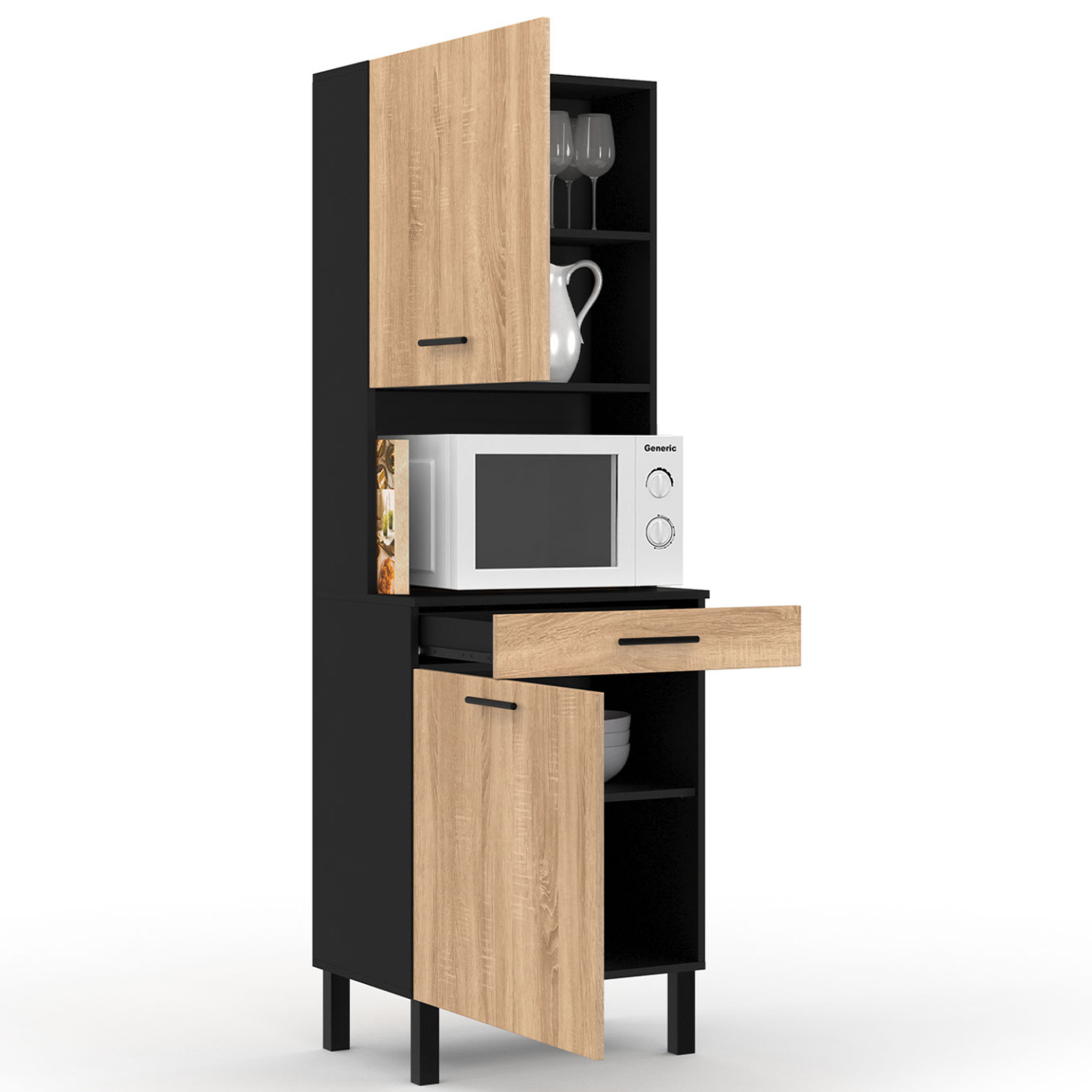 Voir la diapositive 4 : ID MARKET Buffet de cuisine 60 cm cina 2 portes + tiroir noir et façon hêtre