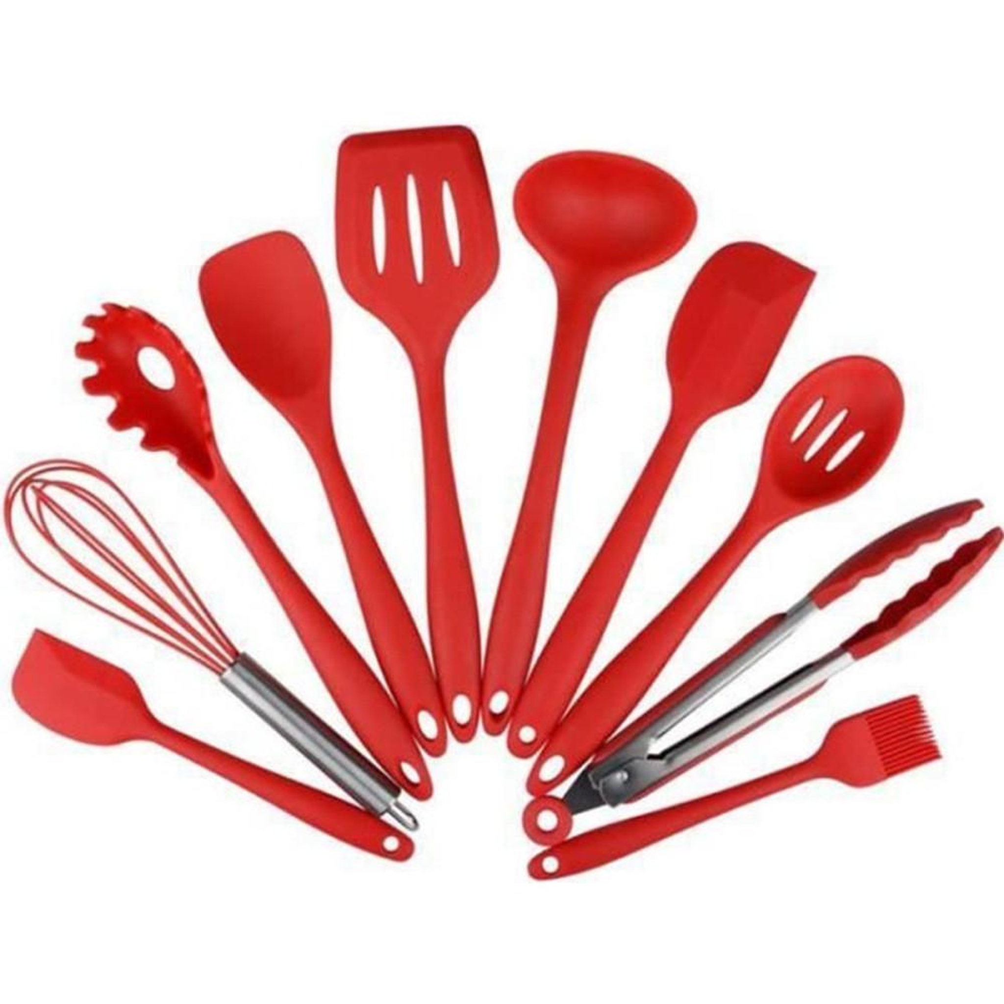 Set de 10 ustensiles de cuisine en silicone rouge avec poignées inox