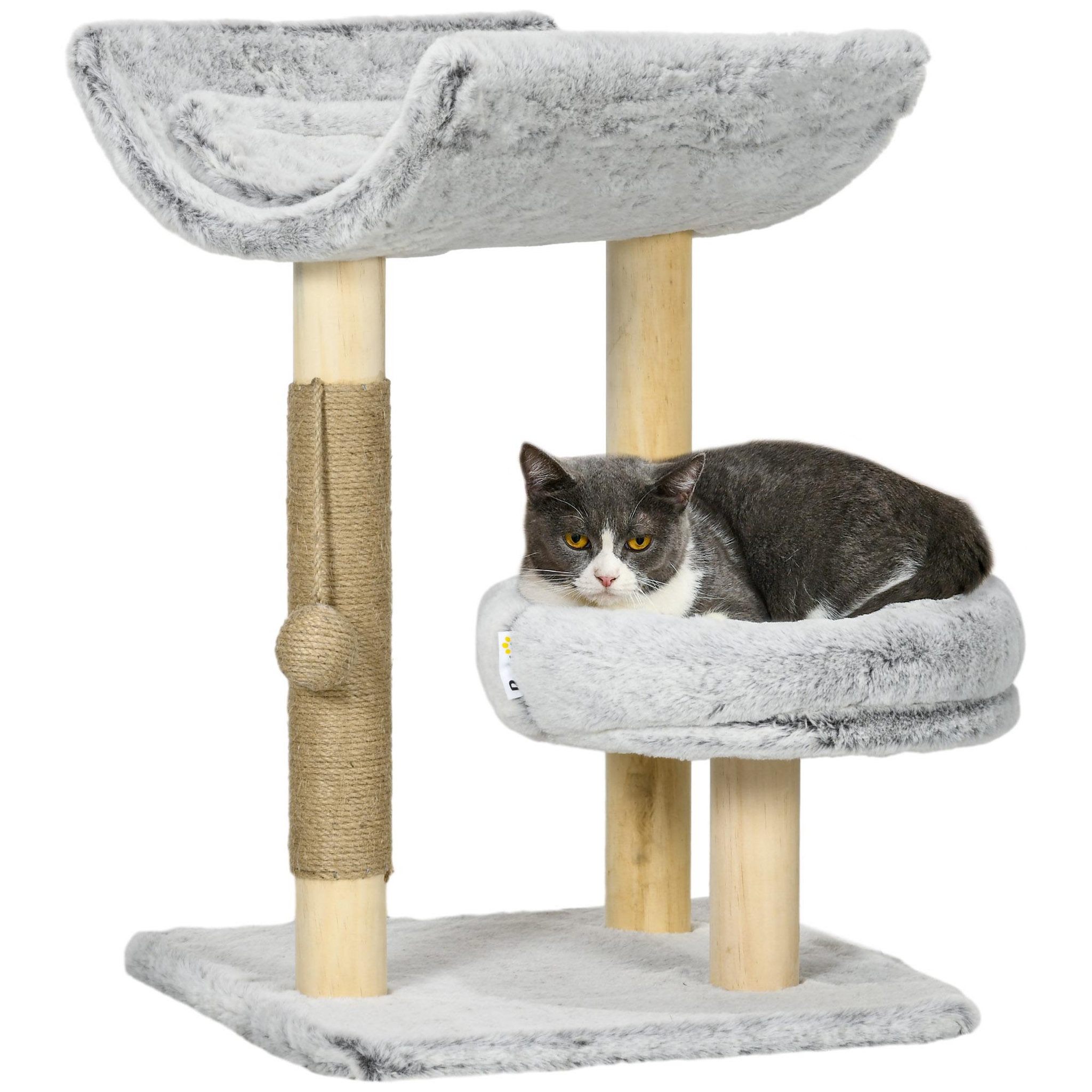 PAWHUT Arbre à chat griffoir chanvre naturel panier plateforme d'observation jeu boule suspendue bois panneaux peluche gris
