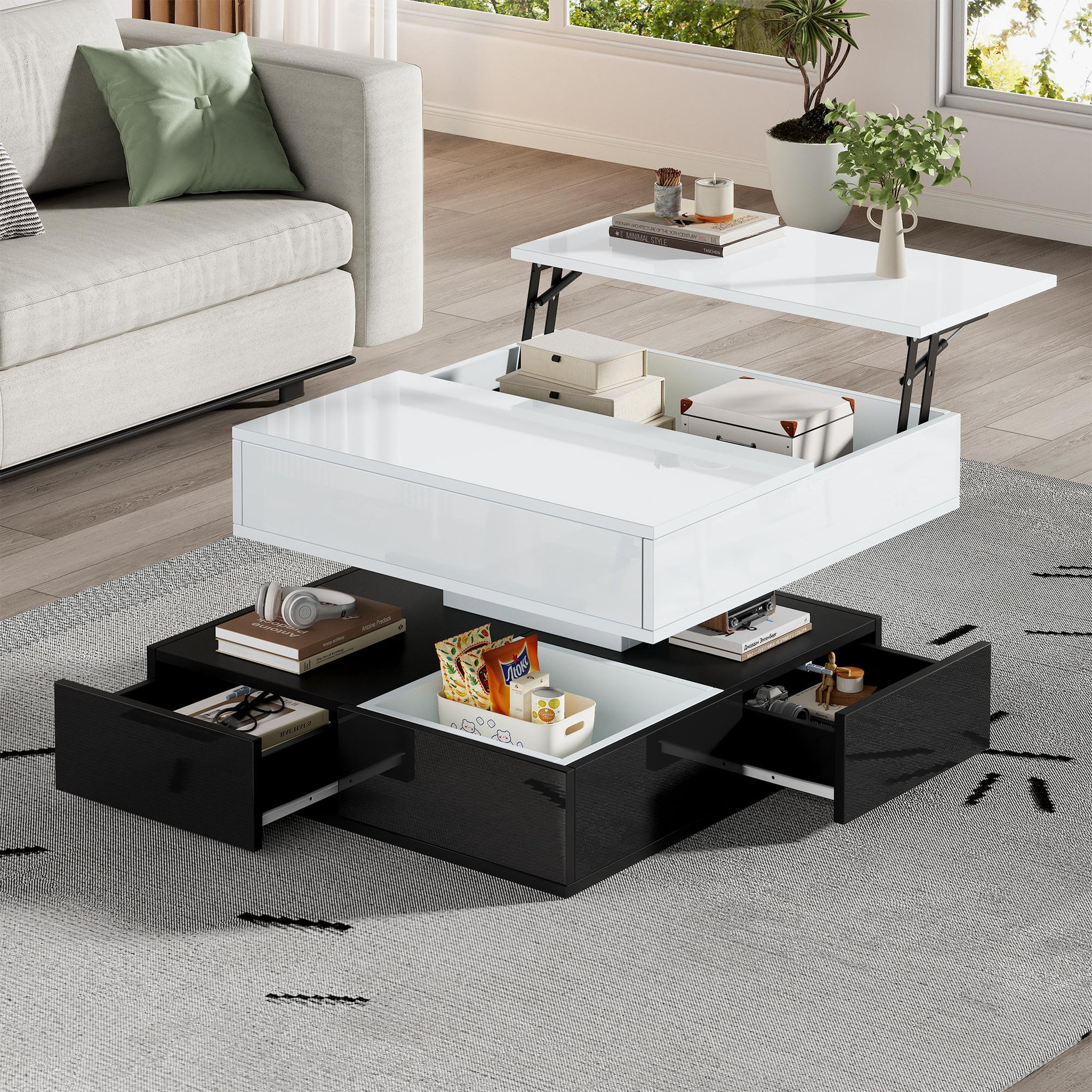 Voir la diapositive 2 : MERAX Table basse relevable pivotante carrée noir+blanc - 70x70 cm panneau de particules