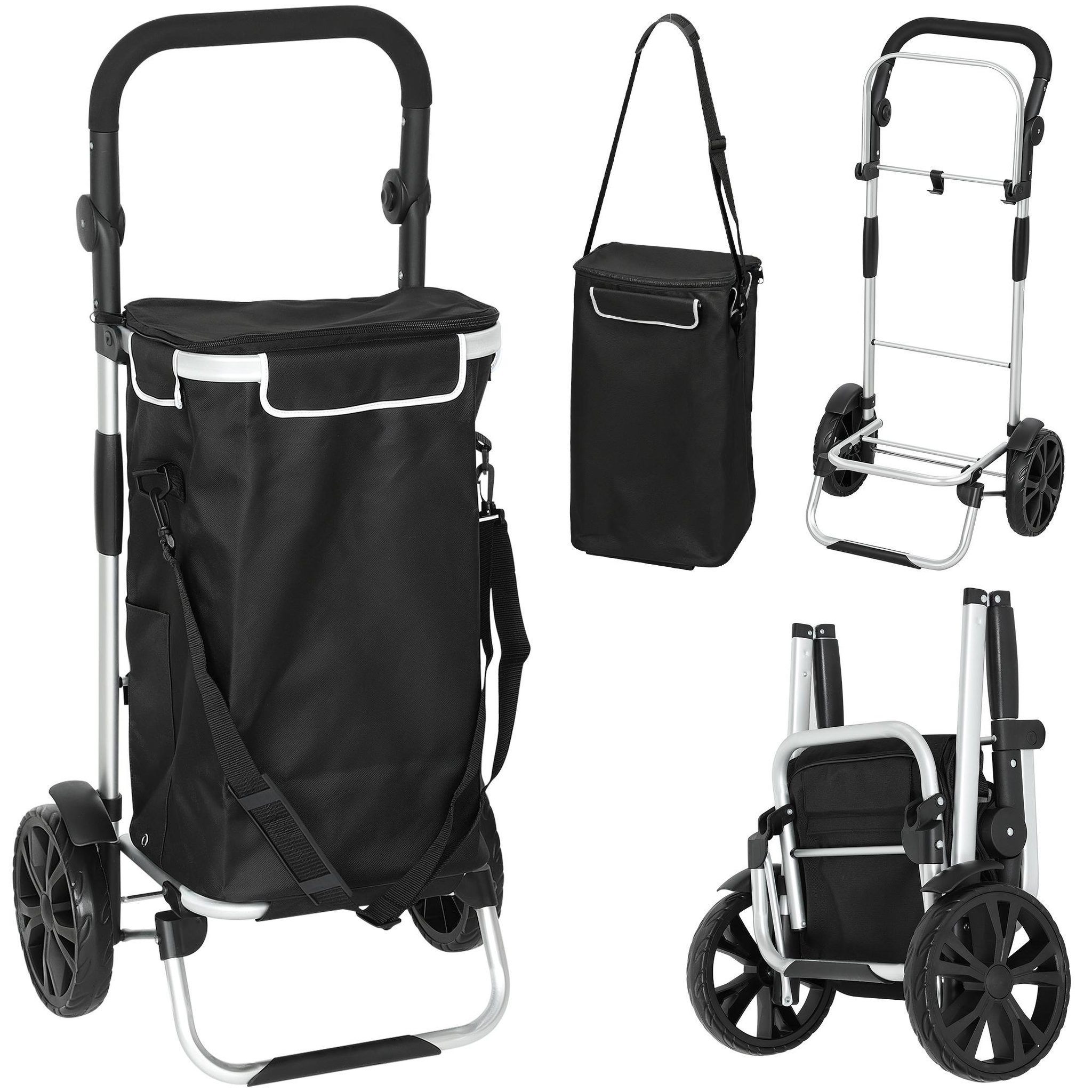 Voir la diapositive 2 : HOMCOM Chariot de courses pliable 3 en 1 sac à bandoulière 40l chariot transport poignée réglable compartiment isotherme alu noir