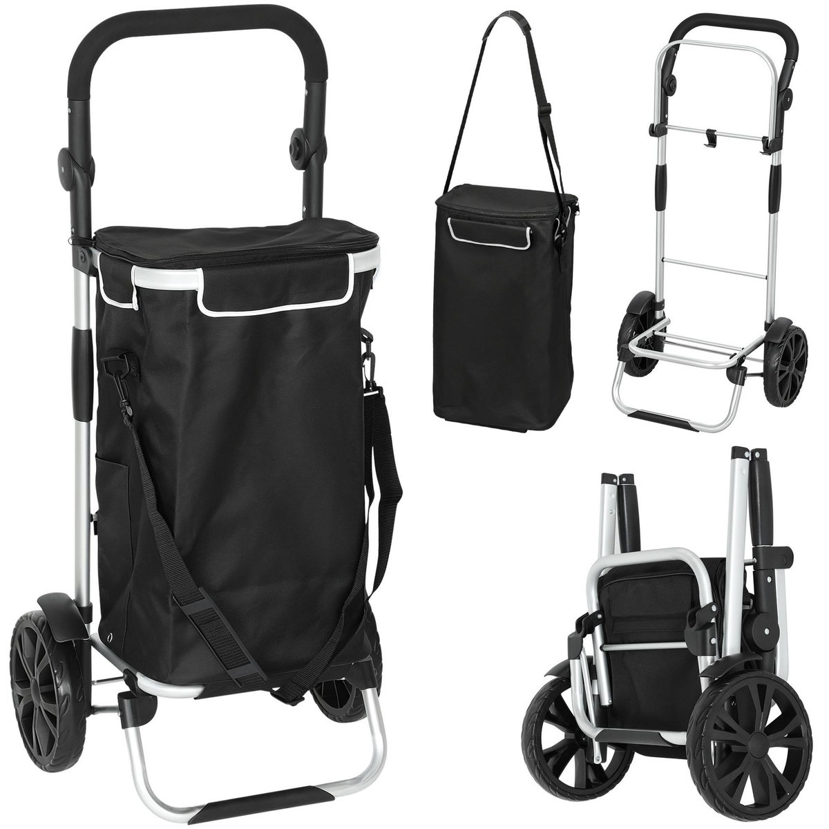 HOMCOM Chariot de courses pliable 3 en 1 sac à bandoulière 40L chariot transport poignée réglable compartiment isotherme alu noir
