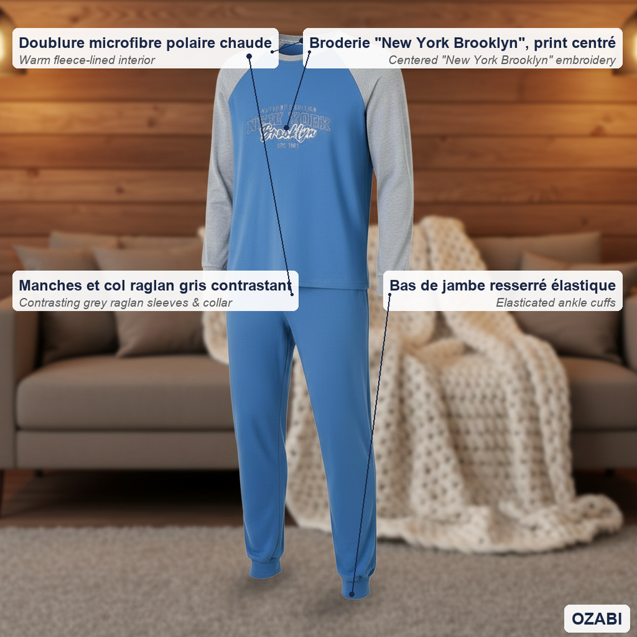 Voir la diapositive 5 : OZABI Ozabi pyjama homme doublé polaire raglan brodé