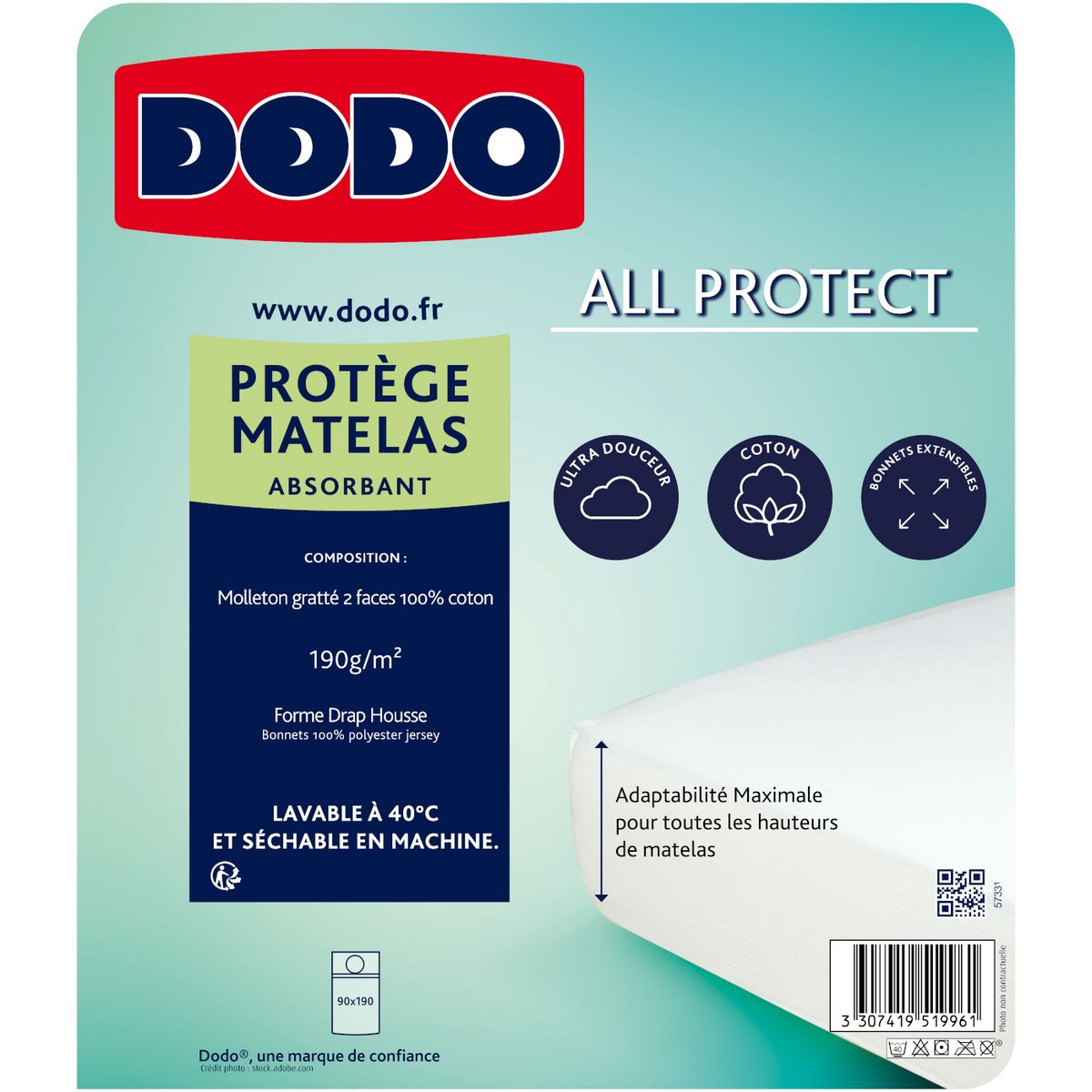 DODO Protège Matelas Molleton Coton 190 g/m²
