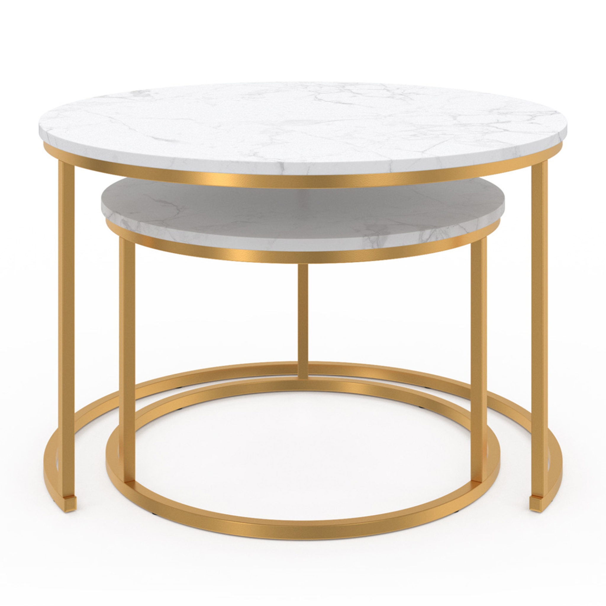Voir la diapositive 3 : ID MARKET Lot de 2 tables basses gigognes alaska rondes 54/70 effet marbre et pied doré