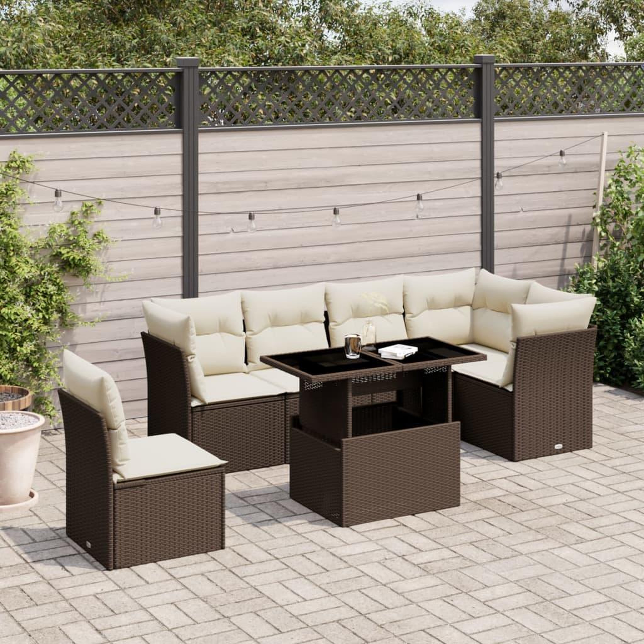VIDAXL Salon de jardin avec coussins 7 pcs marron resine tressee