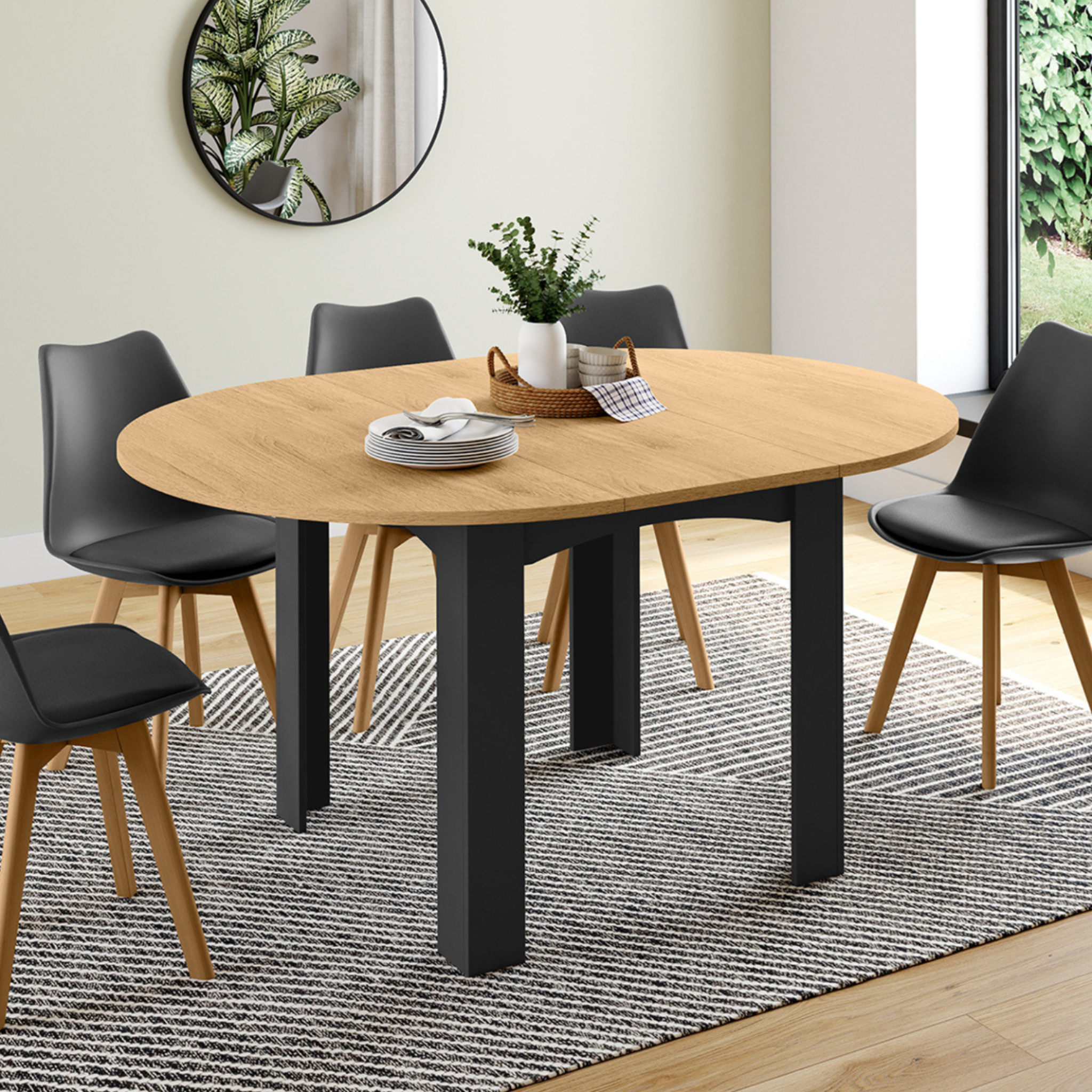 Voir la diapositive 2 : ID MARKET Table à manger extensible ronde dona 4-8 personnes noire plateau façon hêtre 110-150 cm
