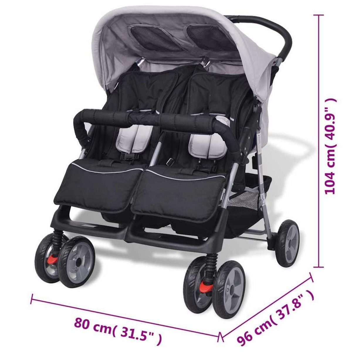 VIDAXL Poussette a deux places Acier Gris et noir