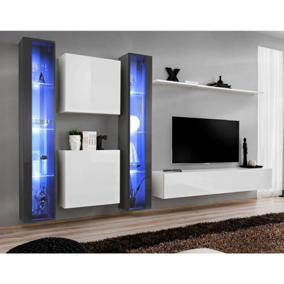 Paris Prix Meuble TV Mural Design  Switch XVI  330cm Gris & Blanc