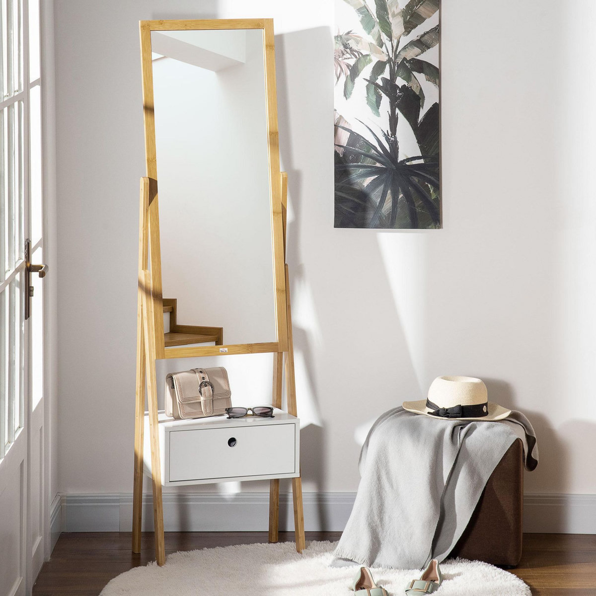 HOMCOM Miroir sur pied avec rangement tiroir en bambou et MDF - dim. 45L x 30l x 160H cm - blanc et naturel