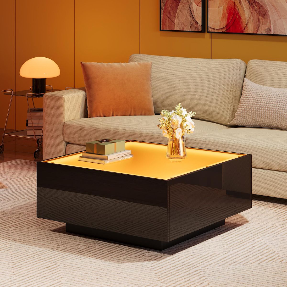 MERAX Table basse carrée noir - 70x70 cm led panneau de particules