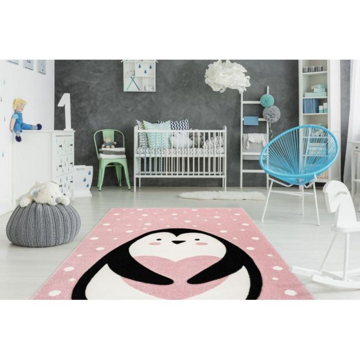 Paris Prix Tapis de Chambre Enfant Pingouin  Gidya  Rose