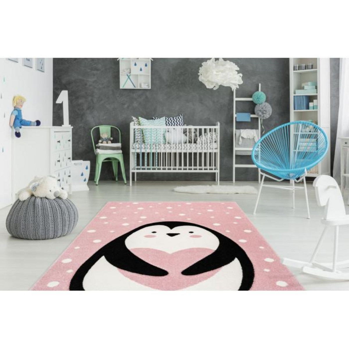 Paris Prix Tapis de Chambre Enfant Pingouin  Gidya  Rose